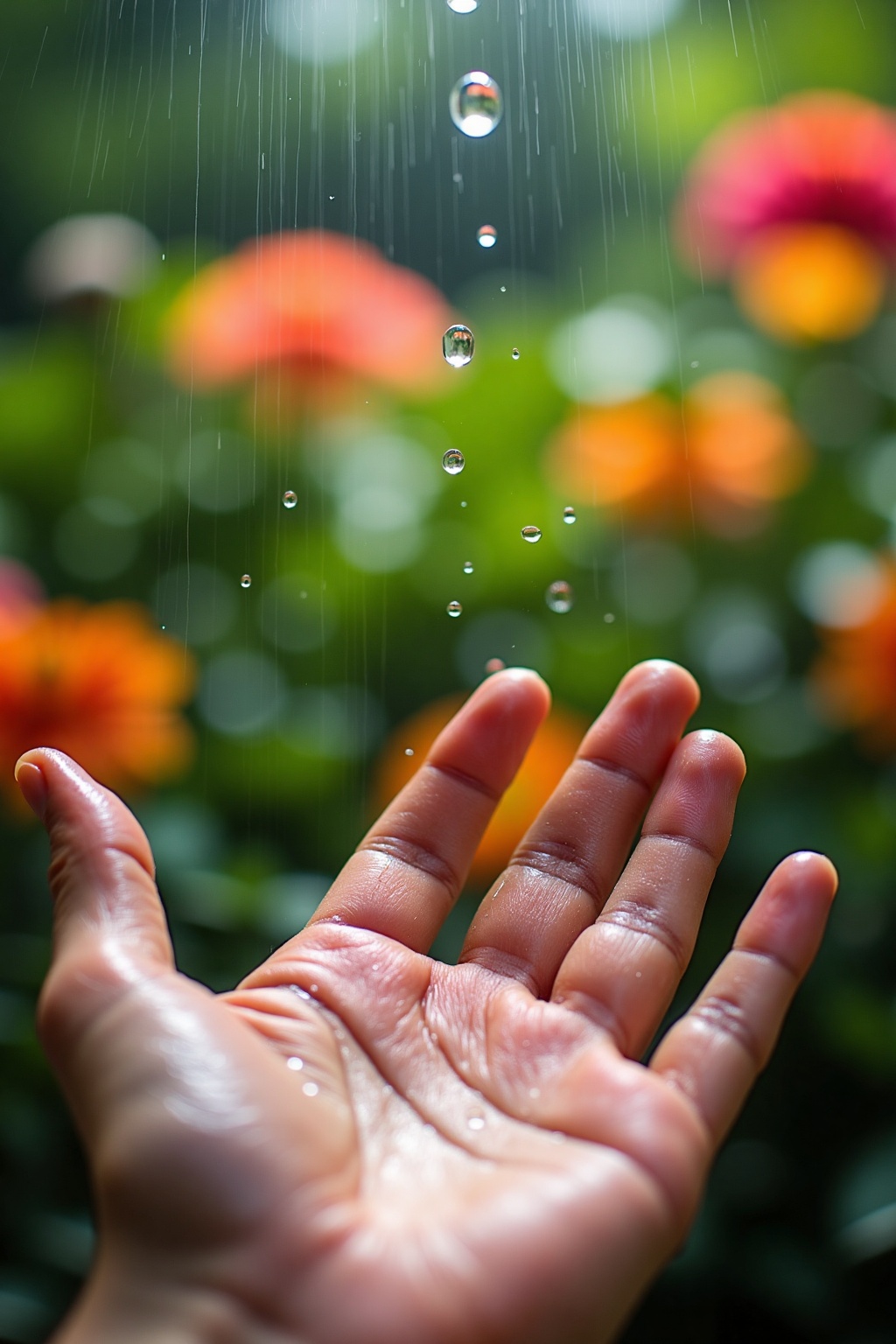 ra1ndrops,  In this evocative image,  a single outstretched hand catches falling raindrops against a backdrop of a richly...