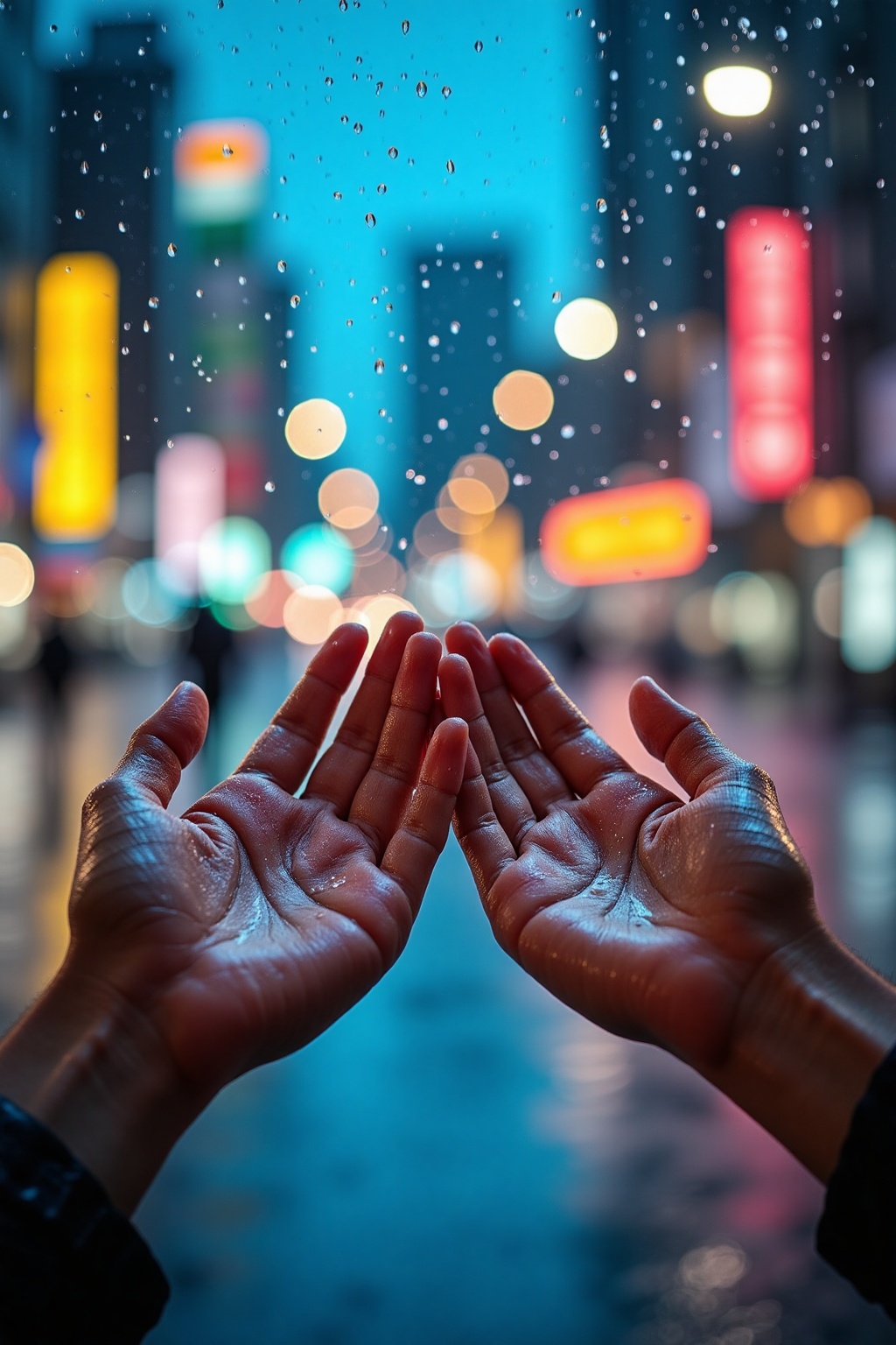 ra1ndrops,  In the midst of a gentle nighttime downpour,  a pair of hands are cupped together on Tensor.Art