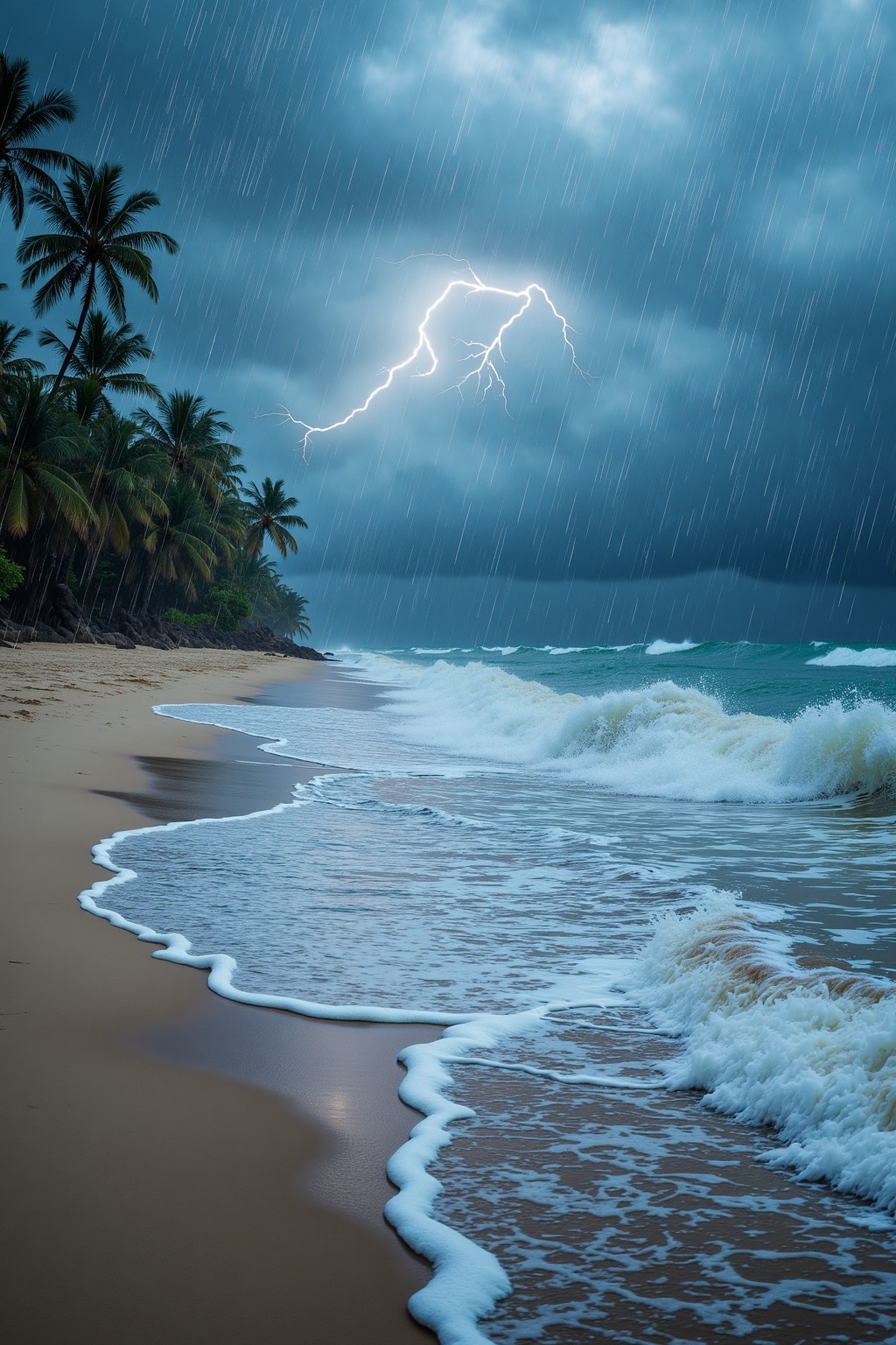 ra1ndrops,  Create an image of a deserted beach during a heavy rainstorm. The waves are crashing against the shore,  churn...