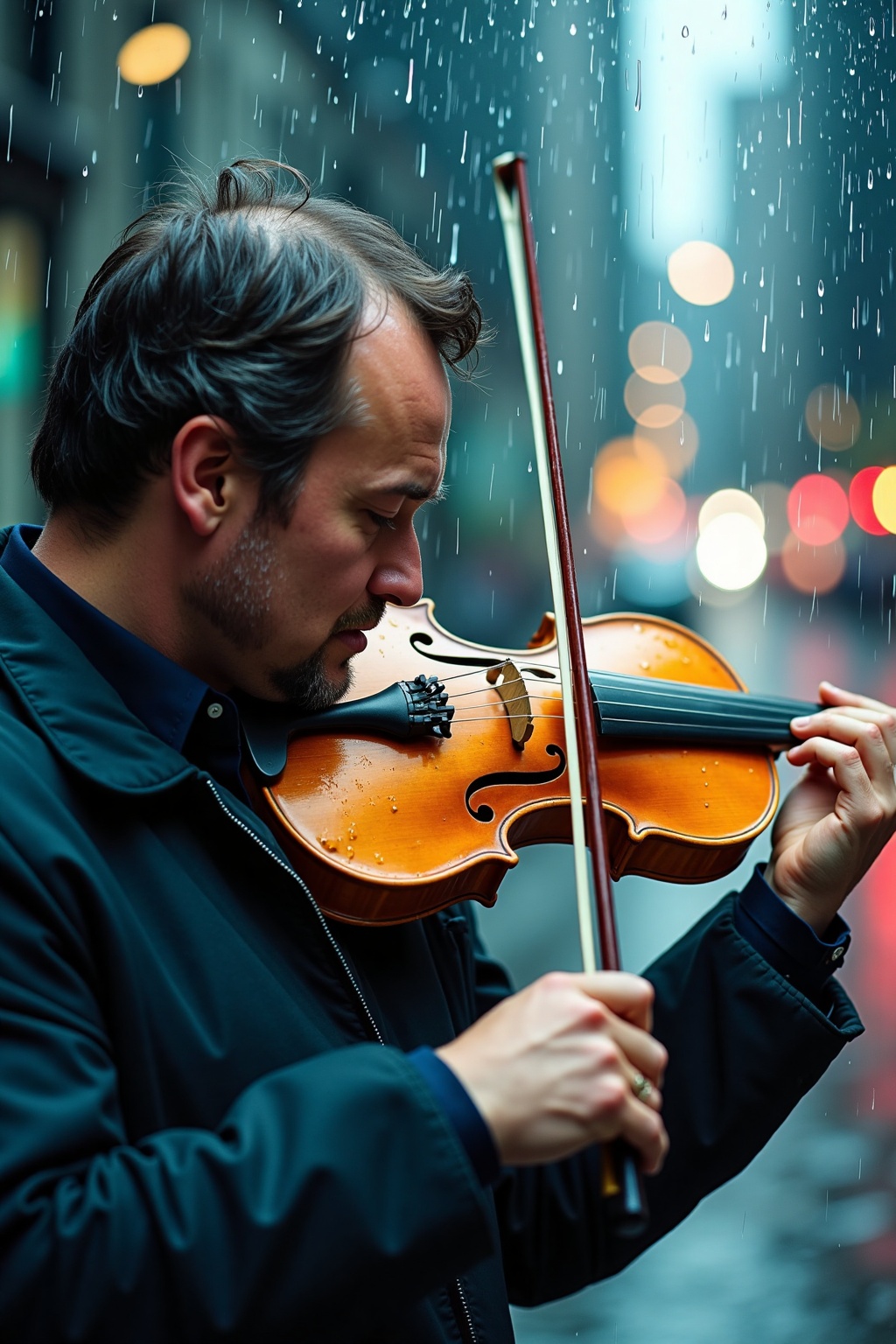 ra1ndrops,  In the midst of a downpour,  a deeply emotional violinist is immersed in his performance on Tensor.Art