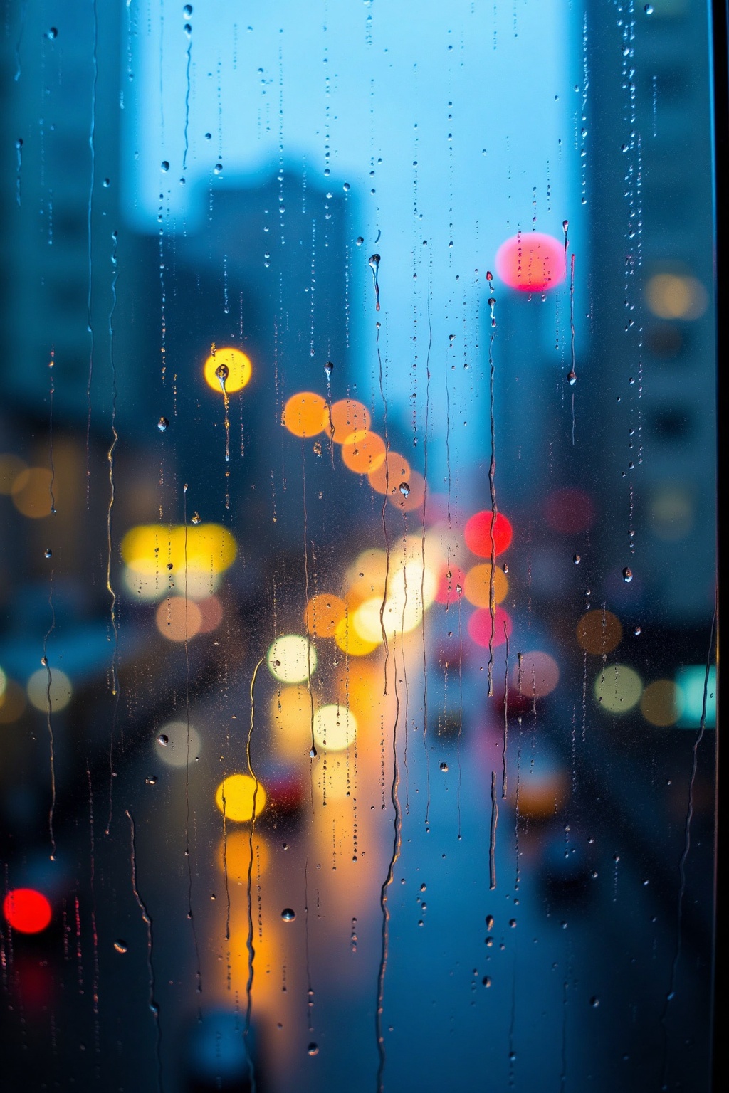 ra1ndrops,  This photograph captures the melancholic beauty of a rainy evening in the city. As the vibrant city lights att...
