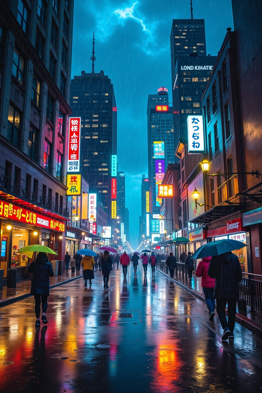 ra1ndrops,  Create an image of a bustling city street at night during a heavy rainstorm. The street is illuminated by the...