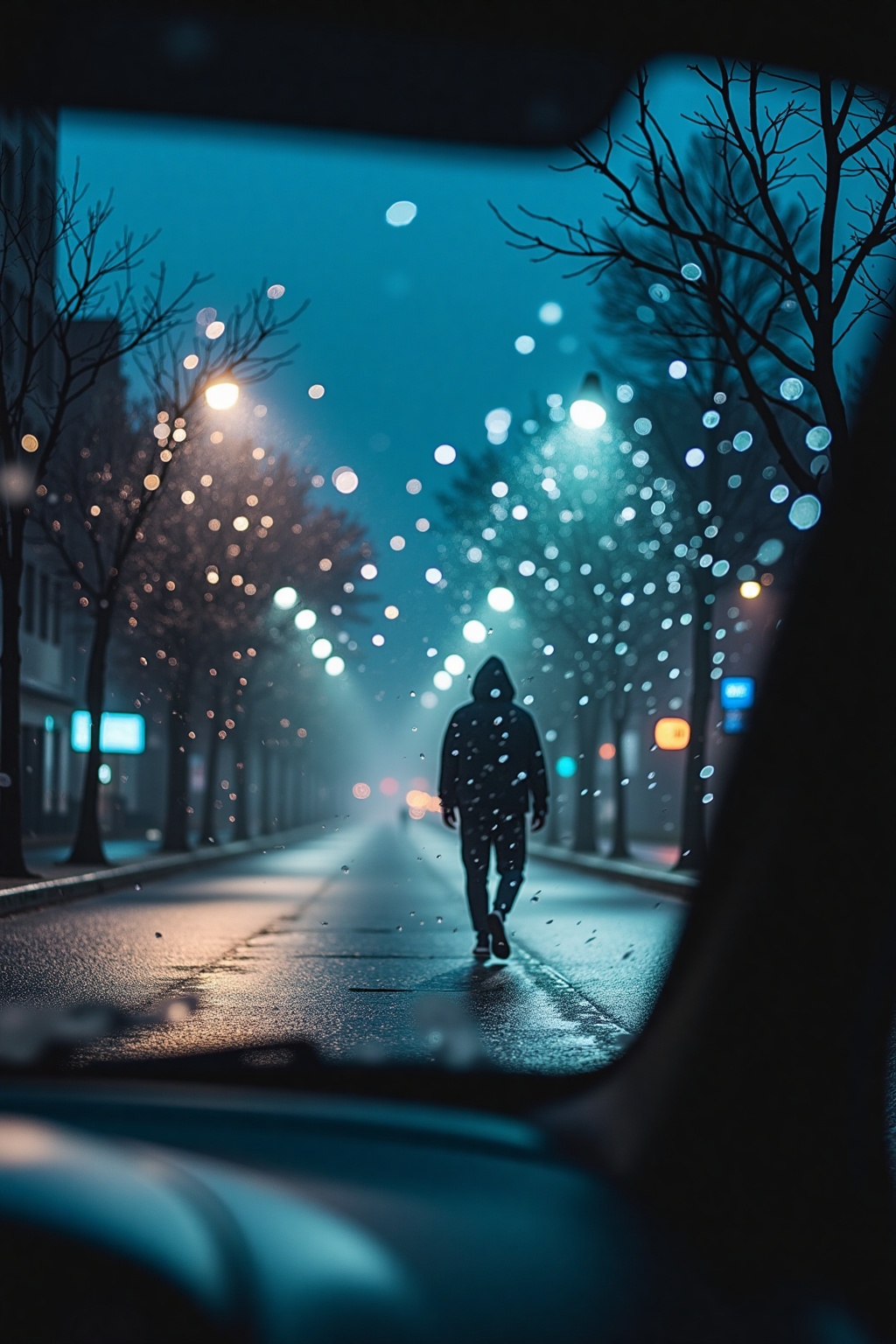 ra1ndrops,  In the dim light of a rainy evening,  a lone figure walks down the street on Tensor.Art