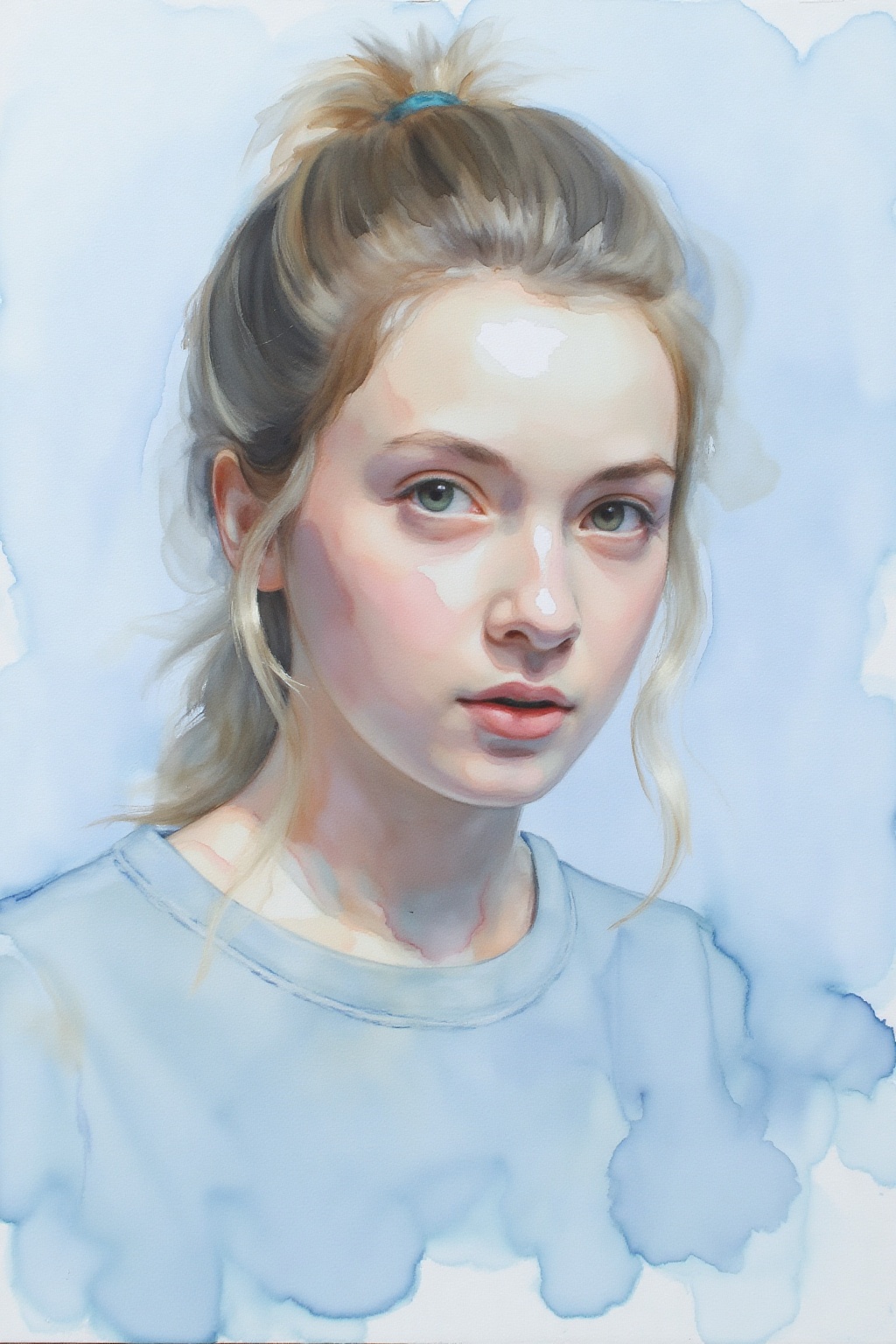An Aurelle style painting depicting the portrait of a young woman with her blonde hair pulled back in a ponytail. A few st...