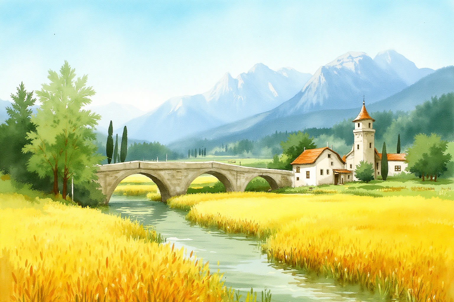 An Aurelle style painting of a rural landscape. A golden wheat field stretches out under a soft blue sky,  bordered by a g...