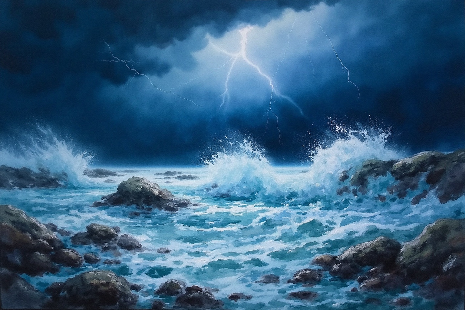 A stormy ocean painted in the Aurelle style. Turbulent waves crash against jagged rocks under a dark,  tempestuous sky,  w...