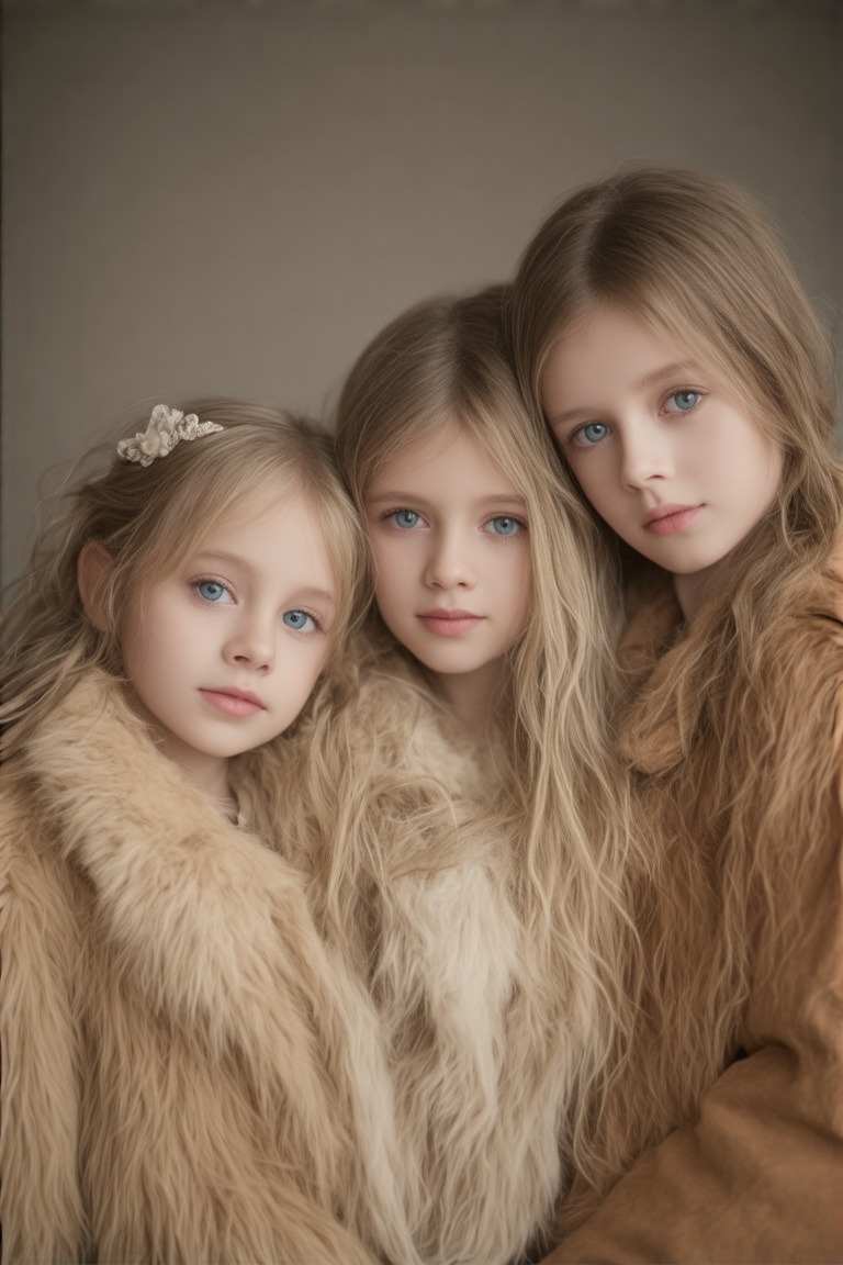 This is a photograph featuring three young girls,  likely siblings,  posing closely together. They are positioned centrall...