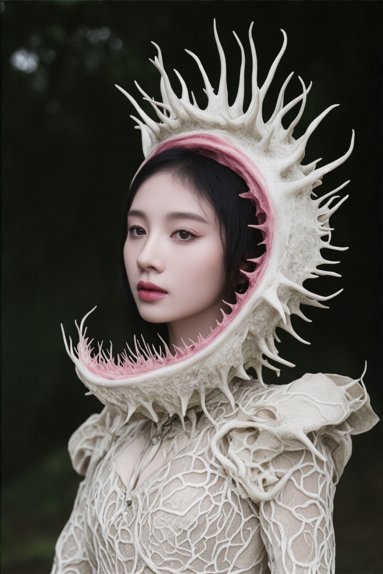 Ethereal portrait of a dark-haired woman wearing a biomechanical haute couture dress inspired by a Venus flytrap. Dress fe...