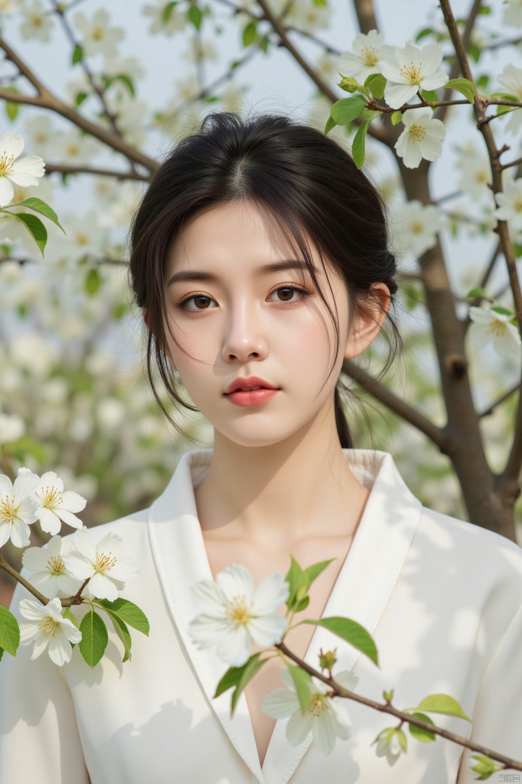 (masterpiece,best quality),1girl,solo,Yuny,pear blossoms,White flowers,Realistic Photography,