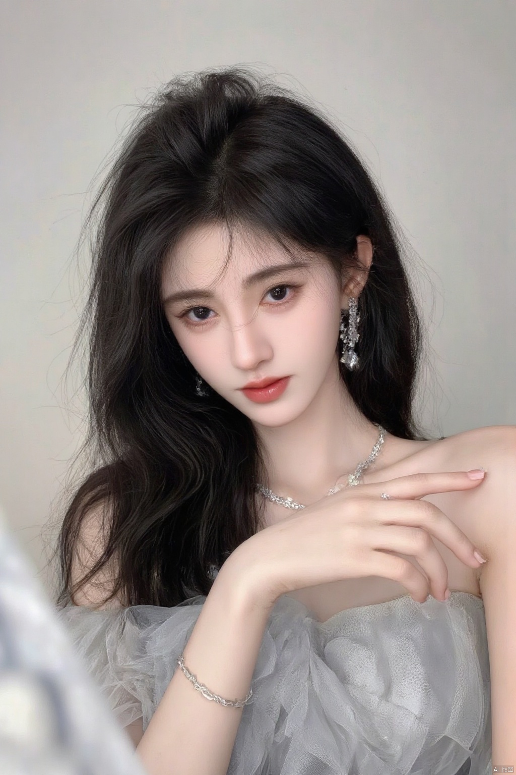 1girl, solo, long hair, looking at viewer, black hair, dress, bare shoulders, jewelry, earrings, necklace, black eyes, lips, head tilt, strapless, realistic