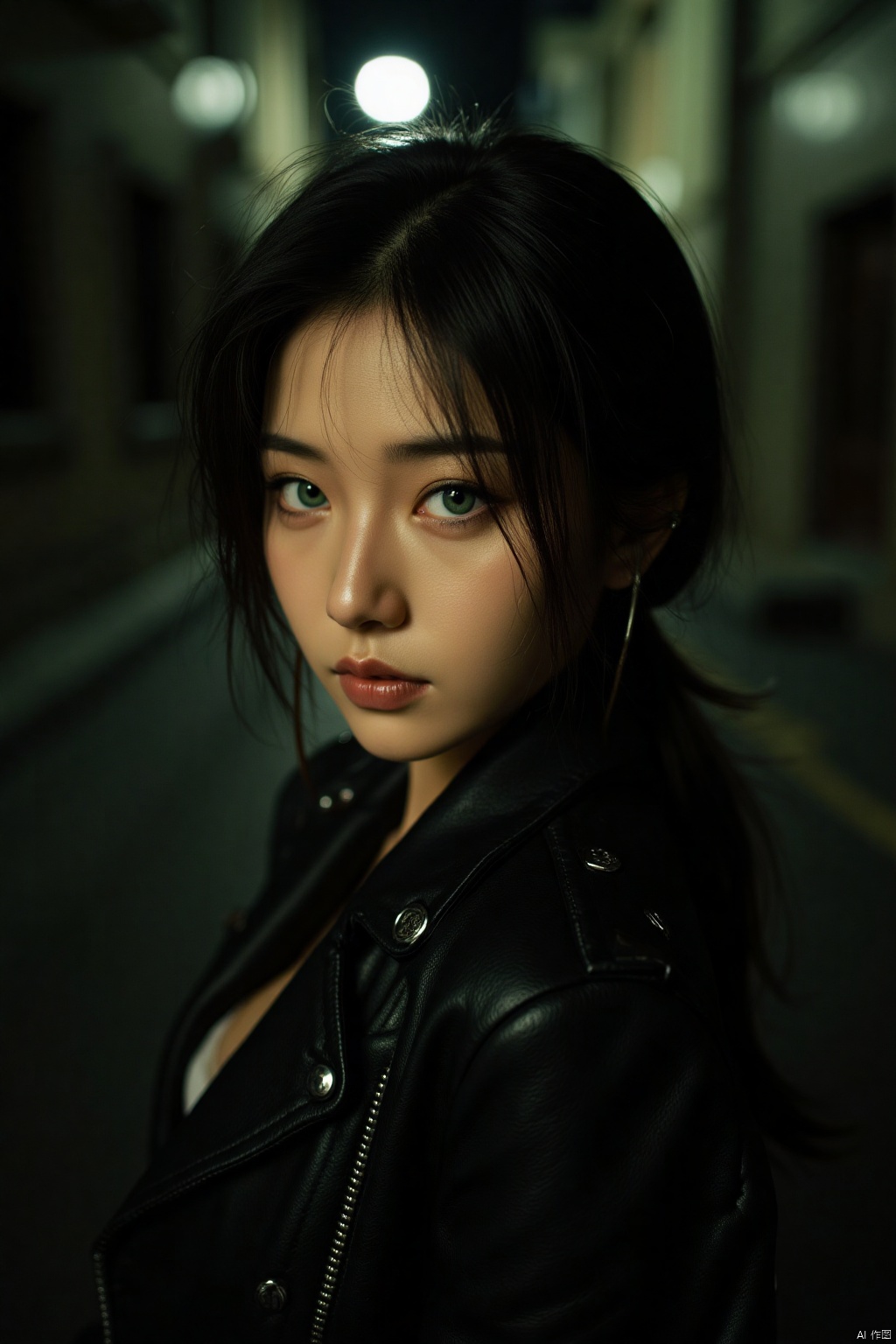 A beautiful and youthful Chinese model, 19 years old, showcases her striking looks with a slender body, perfect face, exquisite eyes, and luscious lips., A photorealistic portrait depicting a mysterious woman with compassionate green eyes and raven-black hair cascading down her back. She sports a dark, fitted leather jacket adorned with intricate silver studs, hinting at a hidden toughness beneath her ethereal beauty. The scene is captured from an unconventional perspective, as if seen through the lens of a small insect, which adds depth and intrigue to her enigmatic gaze. The background is a blend of soft, ambient light filtering through the dimly lit alleyway, casting long shadows that create an atmosphere of suspense and allure around this captivating subject.