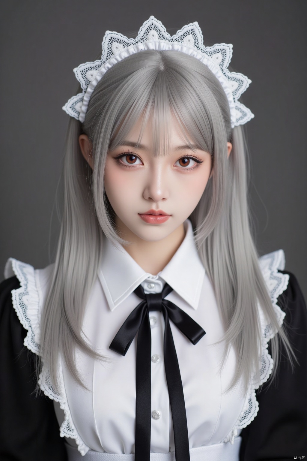 cute Asian girl, with silver hair and red eyes, wearing black hair bow tie adorned with white lace bows, in maid outfit, realistic portrait photography, taken with Canon EOS R5, upper body shot.