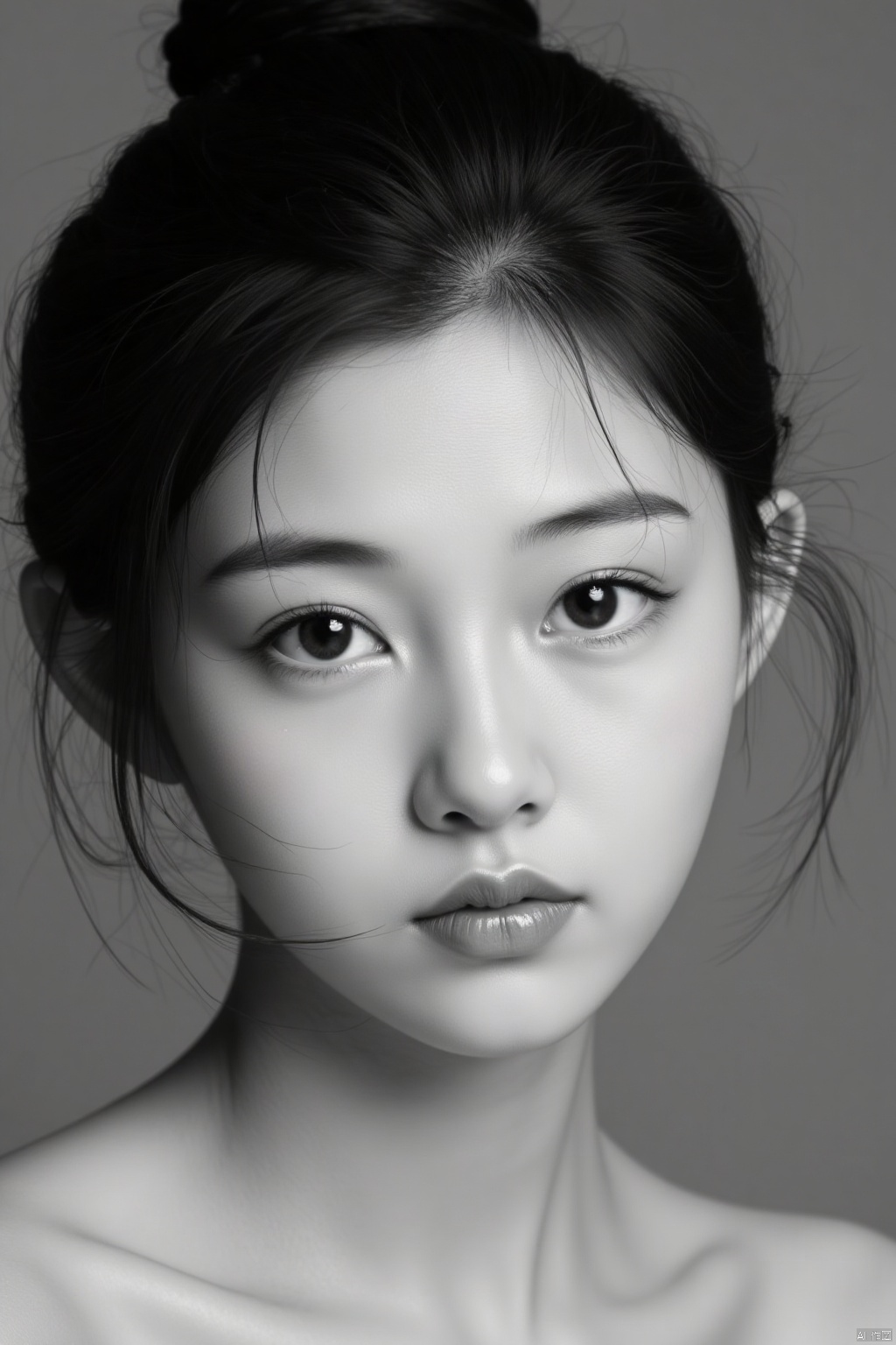 liangyi fenwei,this black-and-white photo captures the otherworldly,brooding expression of a young girl with a delicate oval face with smooth skin and a slight blush on her cheeks,probably because of the light,her dark hair loosely pulled in a bun,strands of hair outlining her face,she looks straight into the camera,the soft light making her large almond-shaped eyes stand out,the light cast a soft glow on her face,highlighting her delicate facial features,creating a soft,almost dreamy atmosphere,
