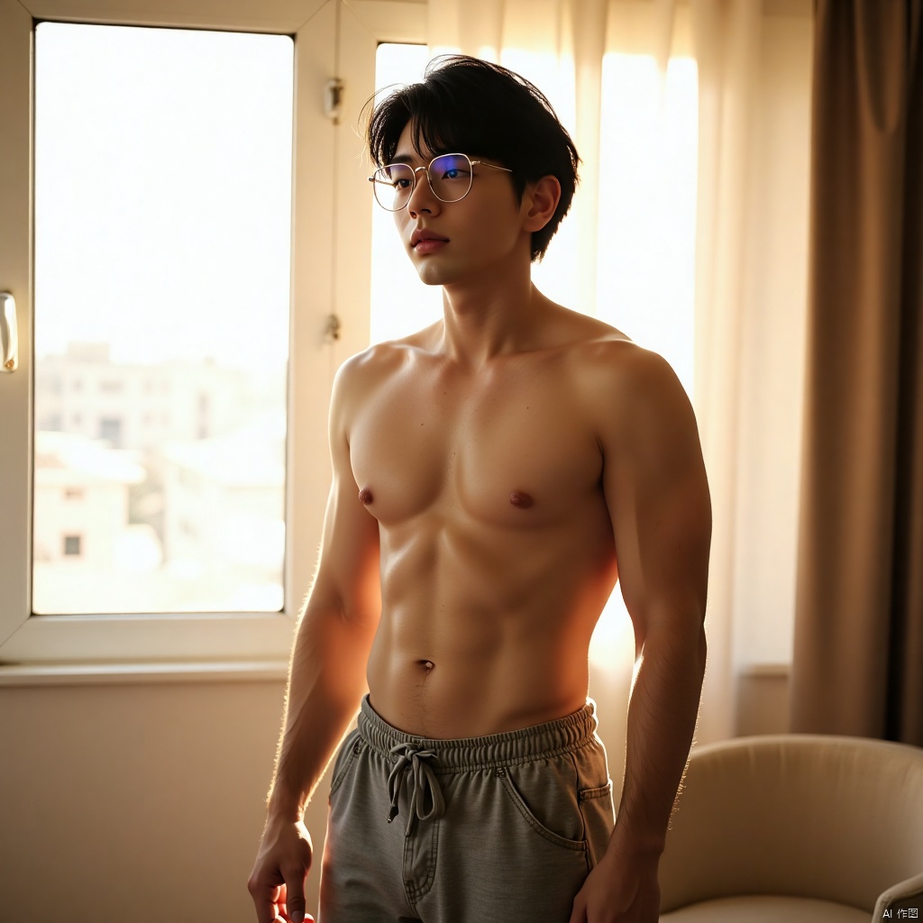 A solo,  muscular male wearing glasses stands with his back to the window,  closed eyes gazing upwards as warm sunlight il...