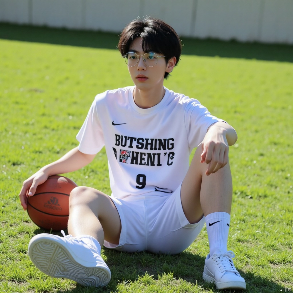 Boy wearing glasses and basketball uniform sitting on the ground, leaning back, very handsome, with basketball next to him, grass, sunshine, photo style, film style, dynamic perspective,KZH