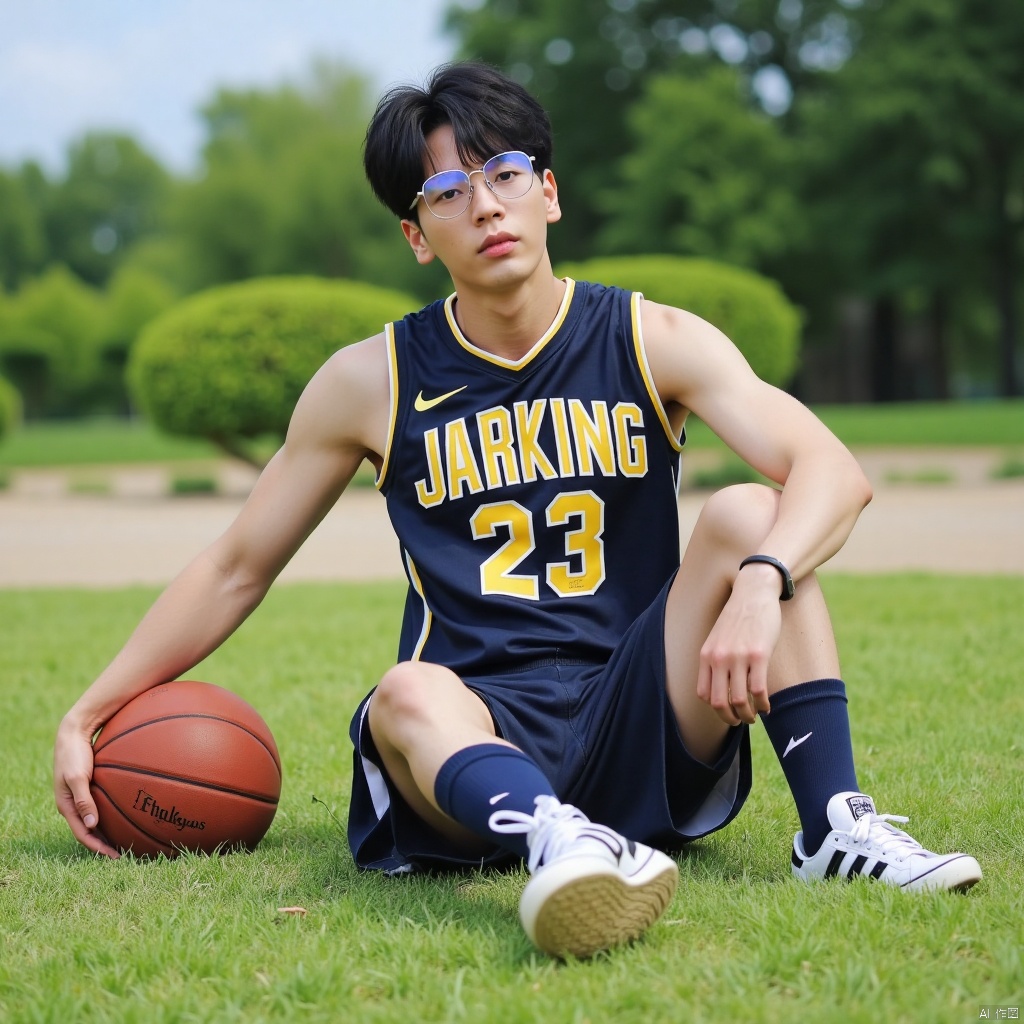 Boy wearing glasses and basketball uniform sitting on the ground, leaning back, very handsome, with basketball next to him, grass, sunshine, photo style, film style, dynamic perspective,KZH