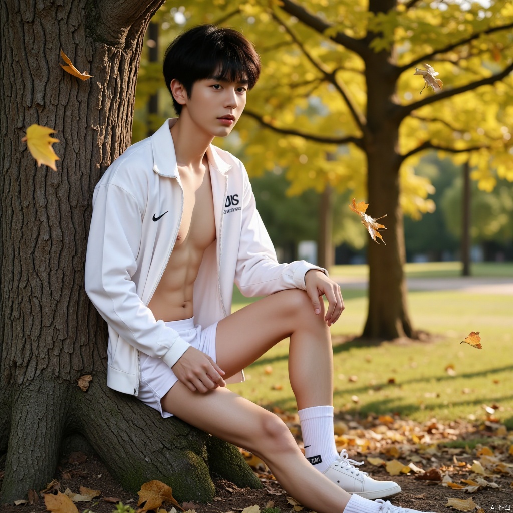 A young man with a handsome and dashing appearance sits atop a tree,  his white windbreaker partially unbuttoned,  reveali...