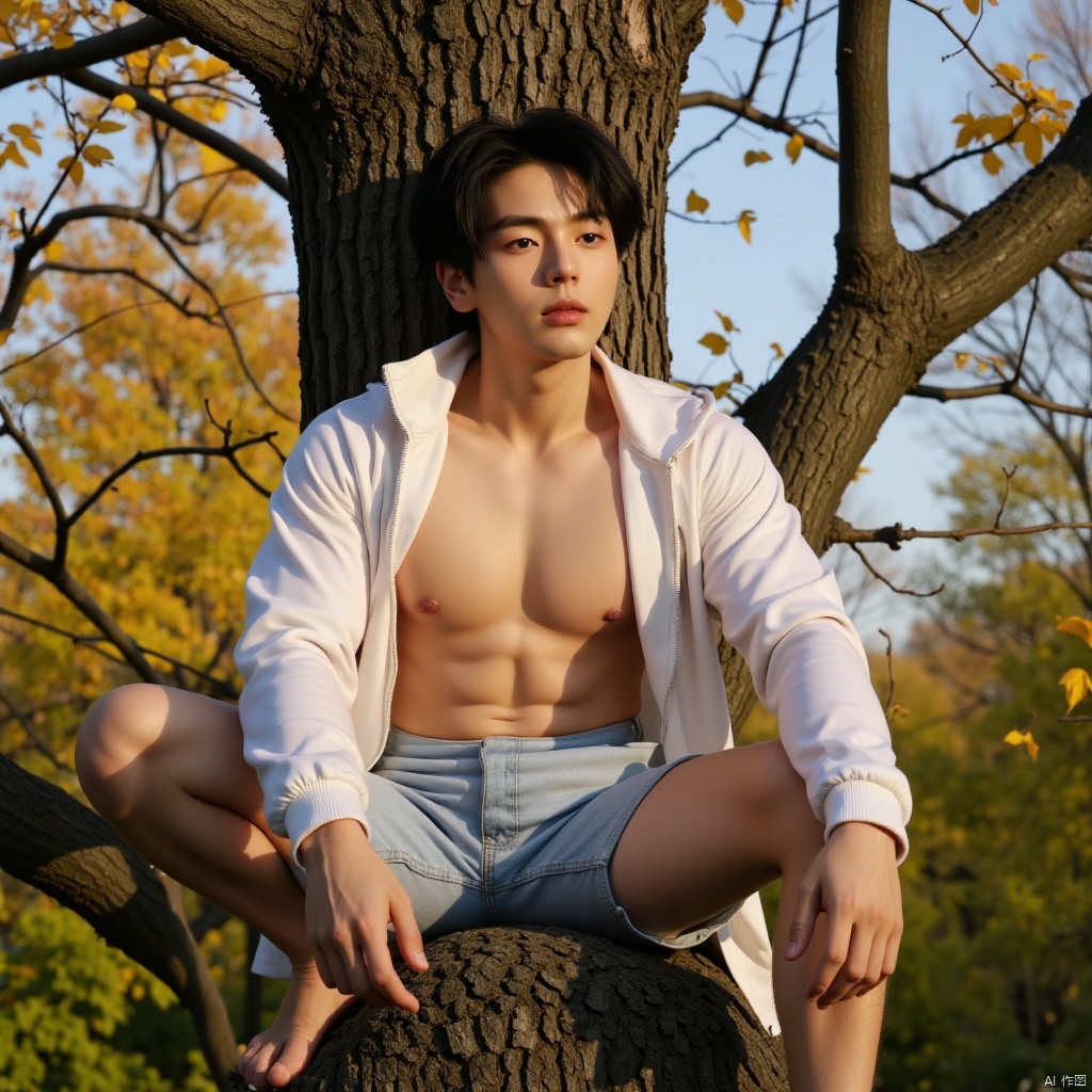A young man with a handsome and dashing appearance sits atop a tree,  his white windbreaker partially unbuttoned,  reveali...