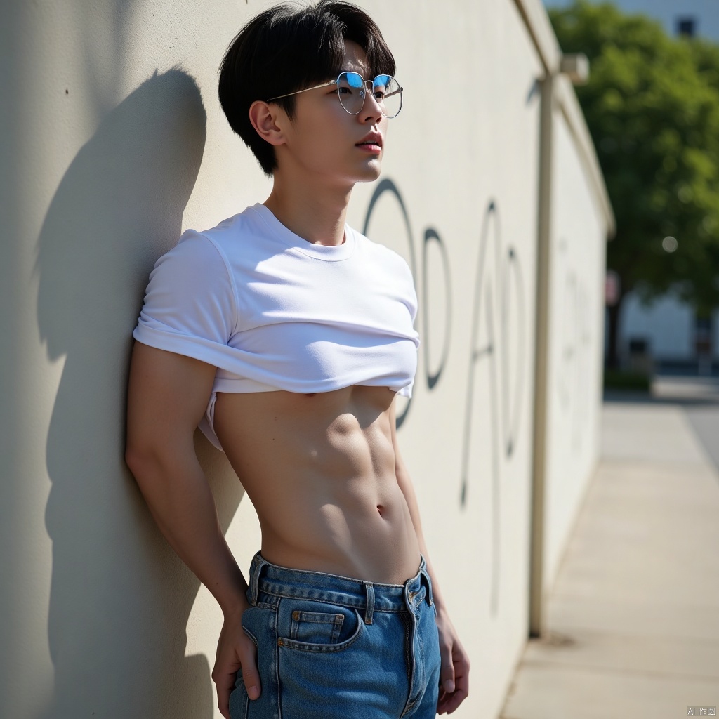 Close-up shot of a young man leaning against the wall,  white T-shirt lifted up to reveal his abs,  jeans on Tensor.Art