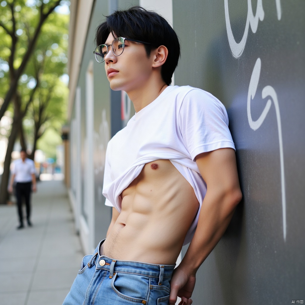 Close-up shot of a young man leaning against the wall,  white T-shirt lifted up to reveal his abs,  jeans on Tensor.Art