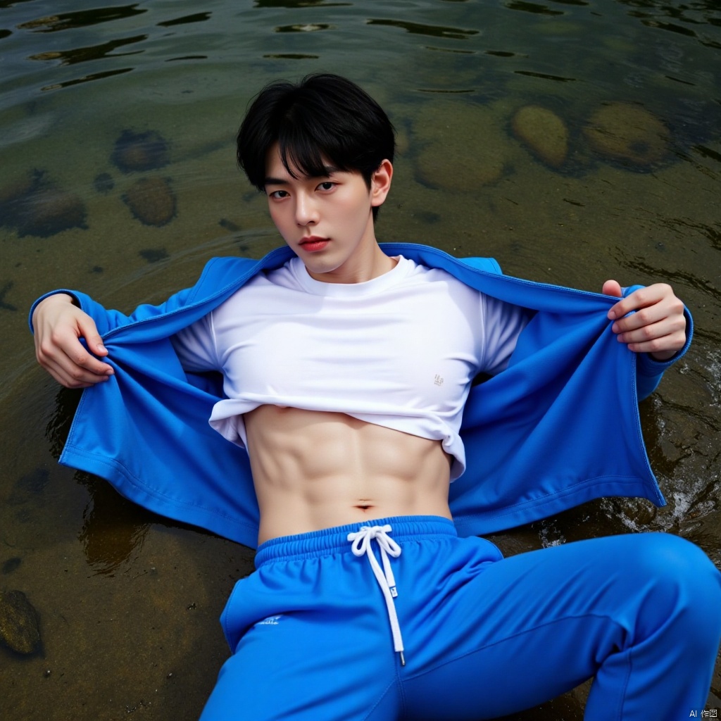 A handsome young man is lying on the water of the stream. He is wearing blue sweatpants and a white T-shirt. He lifts up h...