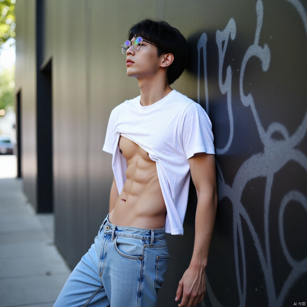 Close-up shot of a young man leaning against the wall,  white T-shirt lifted up to reveal his abs,  jeans on Tensor.Art