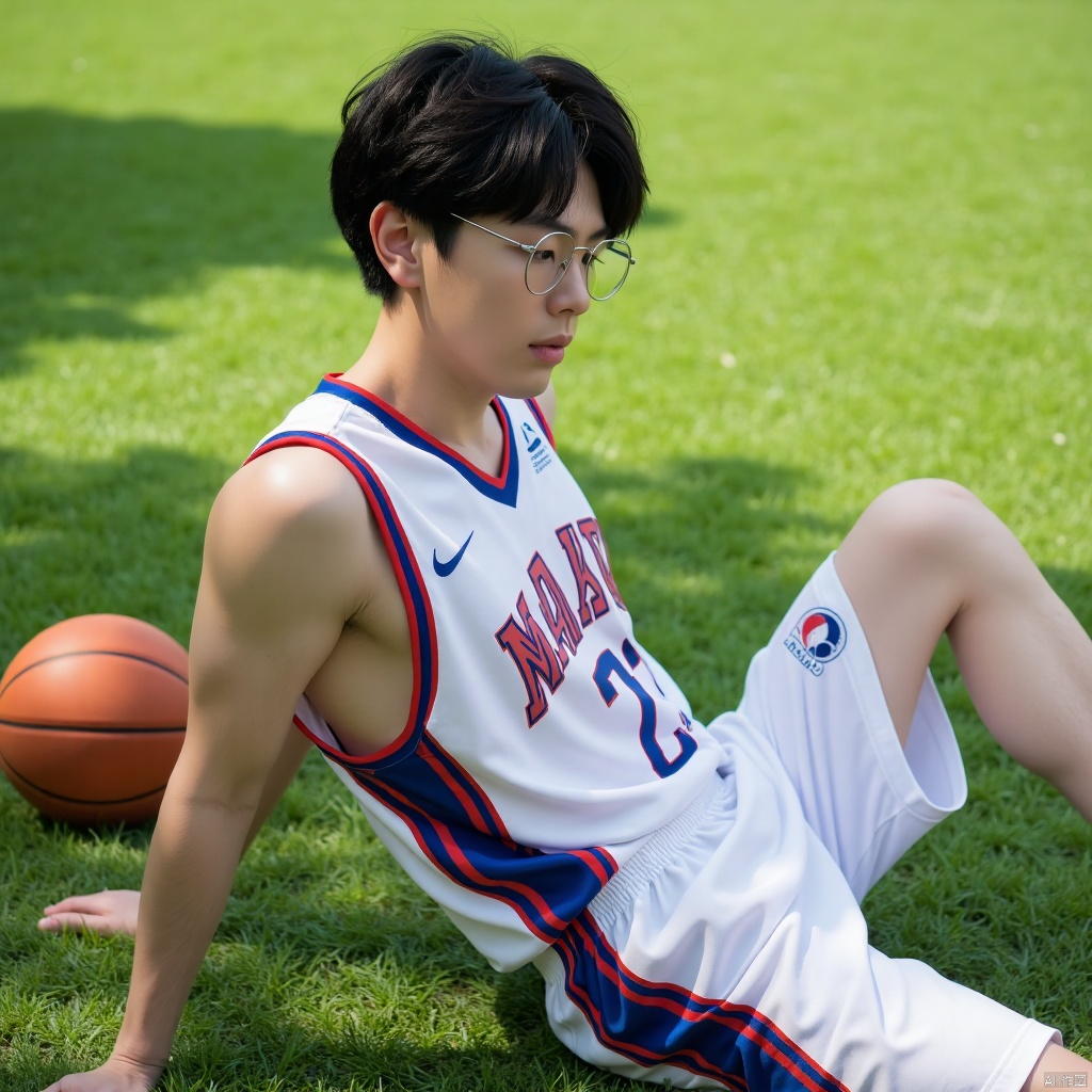 Boy wearing glasses and basketball uniform sitting on the ground, leaning back, very handsome, with basketball next to him, grass, sunshine, photo style, film style, dynamic perspective,KZH