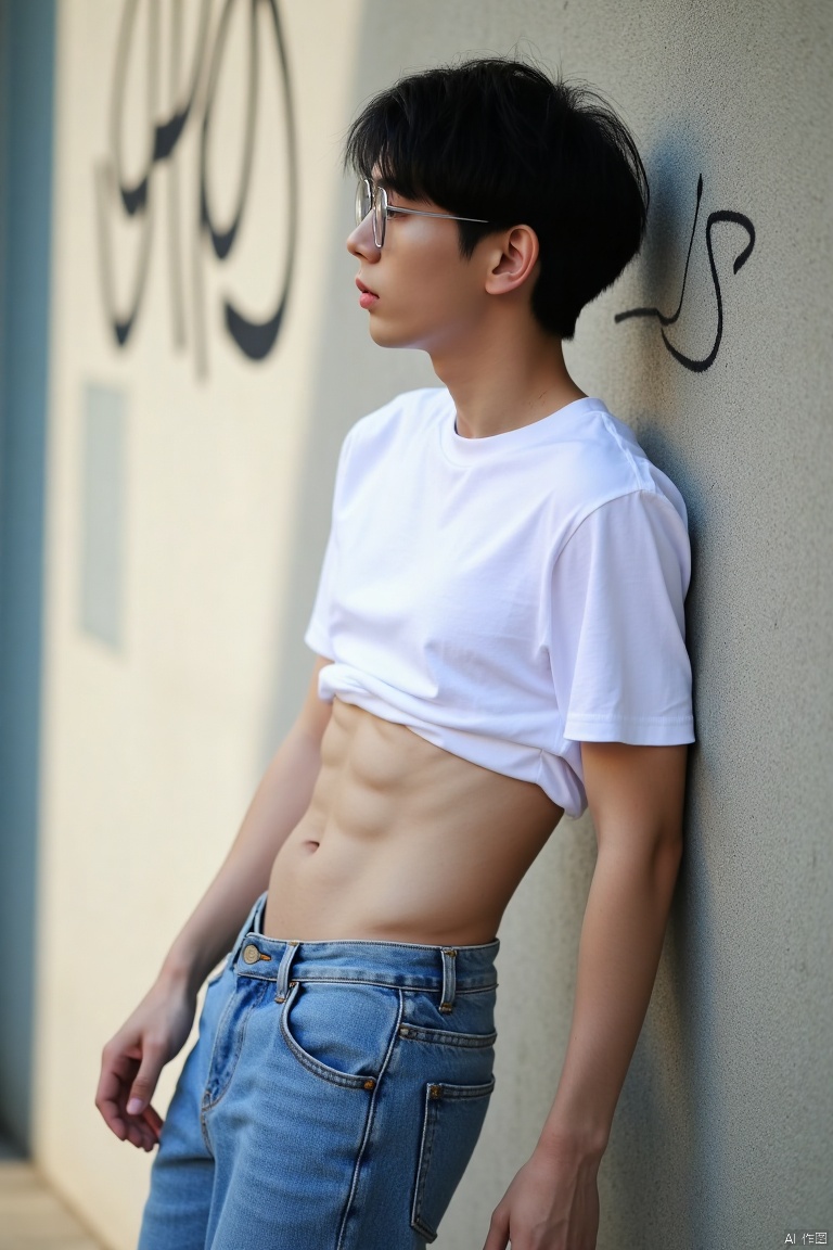 Close-up shot of a young man leaning against the wall,  white T-shirt lifted up to reveal his abs,  jeans on Tensor.Art
