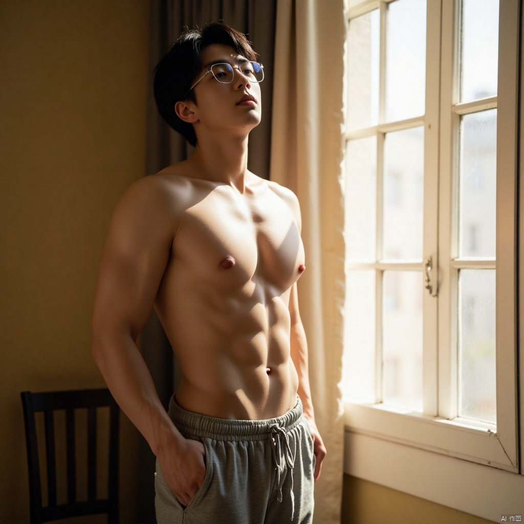 A solo,  muscular male wearing glasses stands with his back to the window,  closed eyes gazing upwards as warm sunlight il...