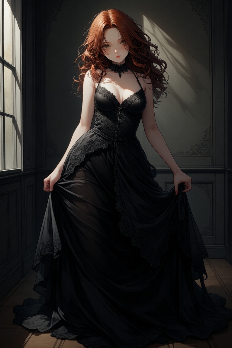 A stunning gothic beauty stands proudly in a dimly lit room,  her full figure encased in a flowing black gown with intrica...