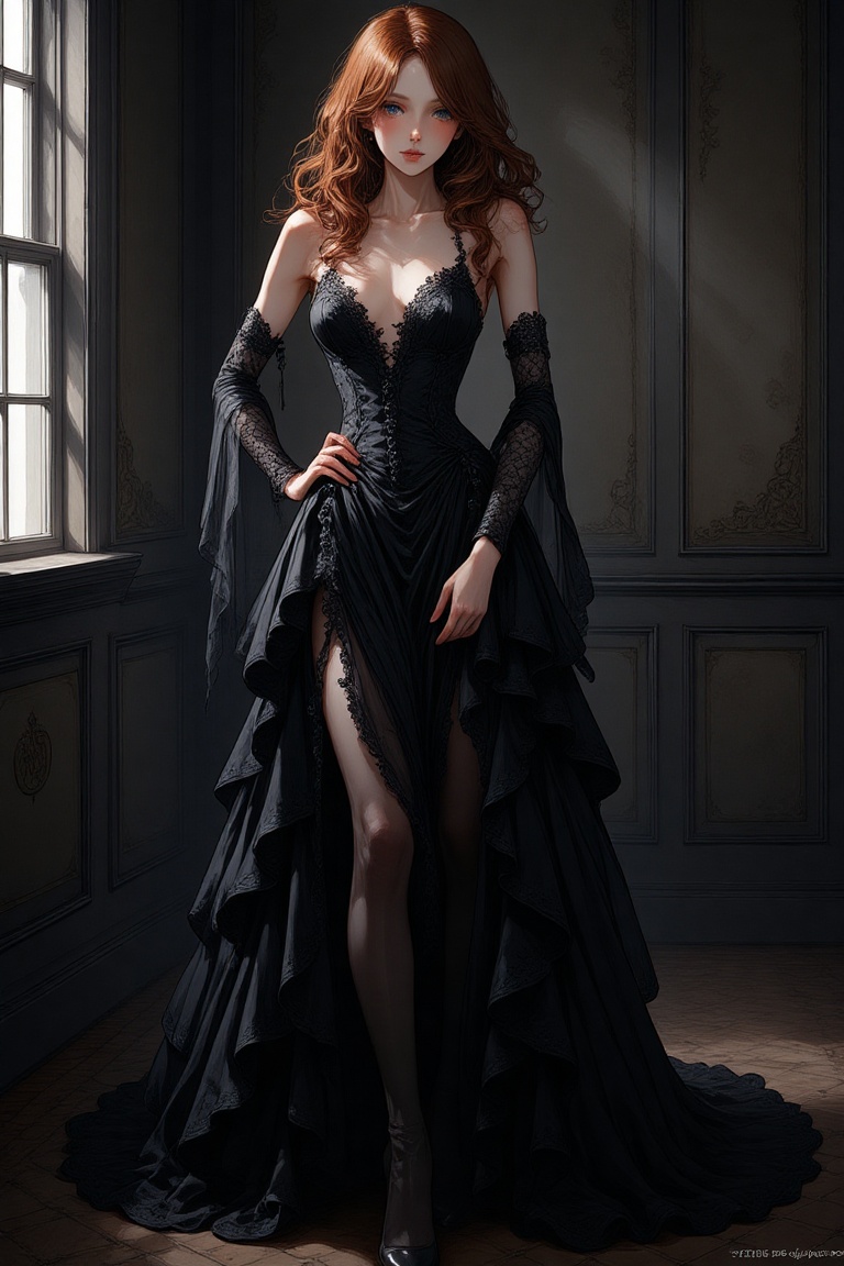 A stunning gothic beauty stands proudly in a dimly lit room,  her full figure encased in a flowing black gown with intrica...