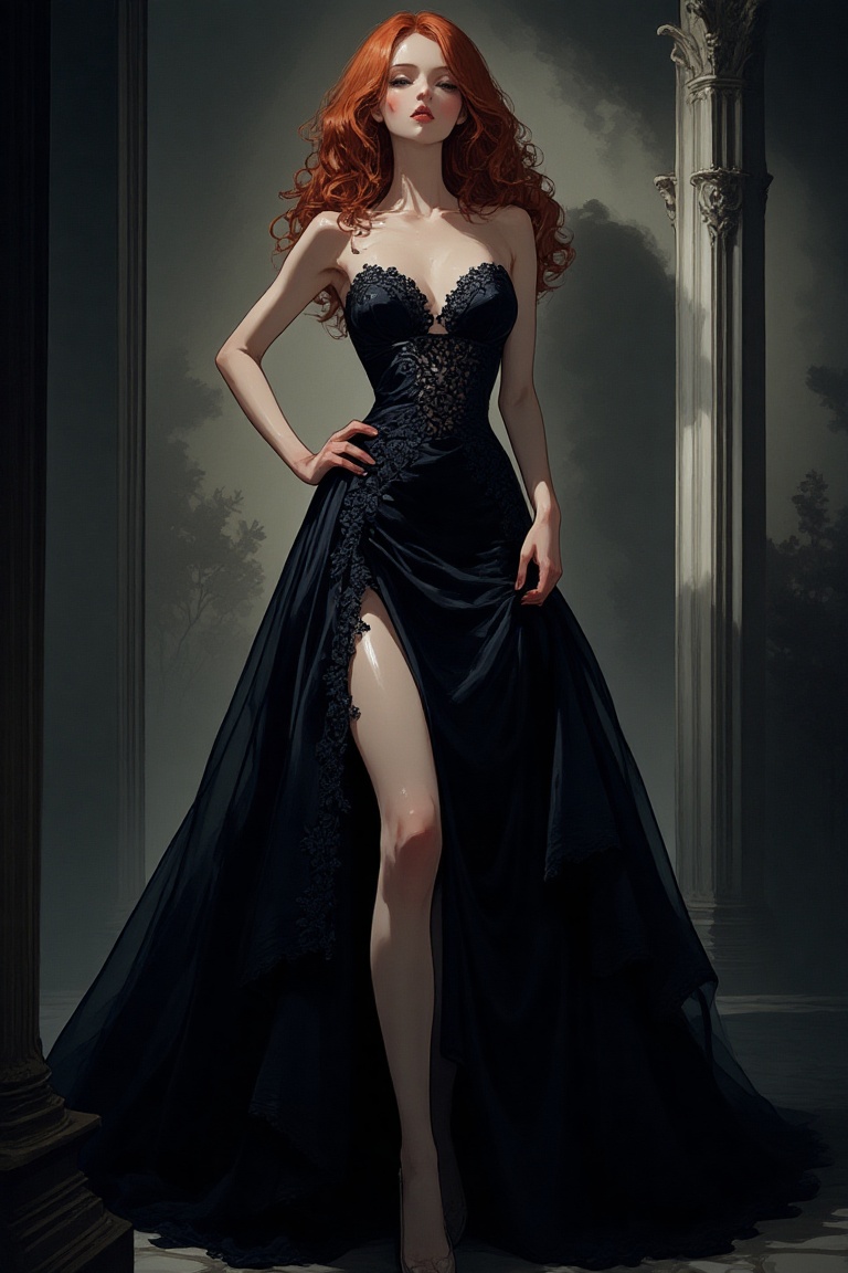 A stunning gothic beauty stands proudly in a dimly lit room,  her full figure encased in a flowing black gown with intrica...