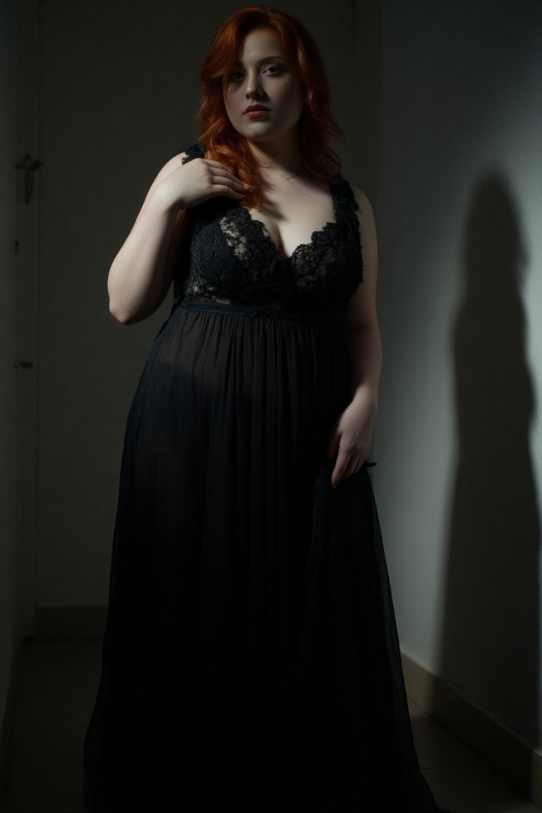 A stunning gothic beauty stands proudly in a dimly lit room,  her full figure encased in a flowing black gown with intrica...