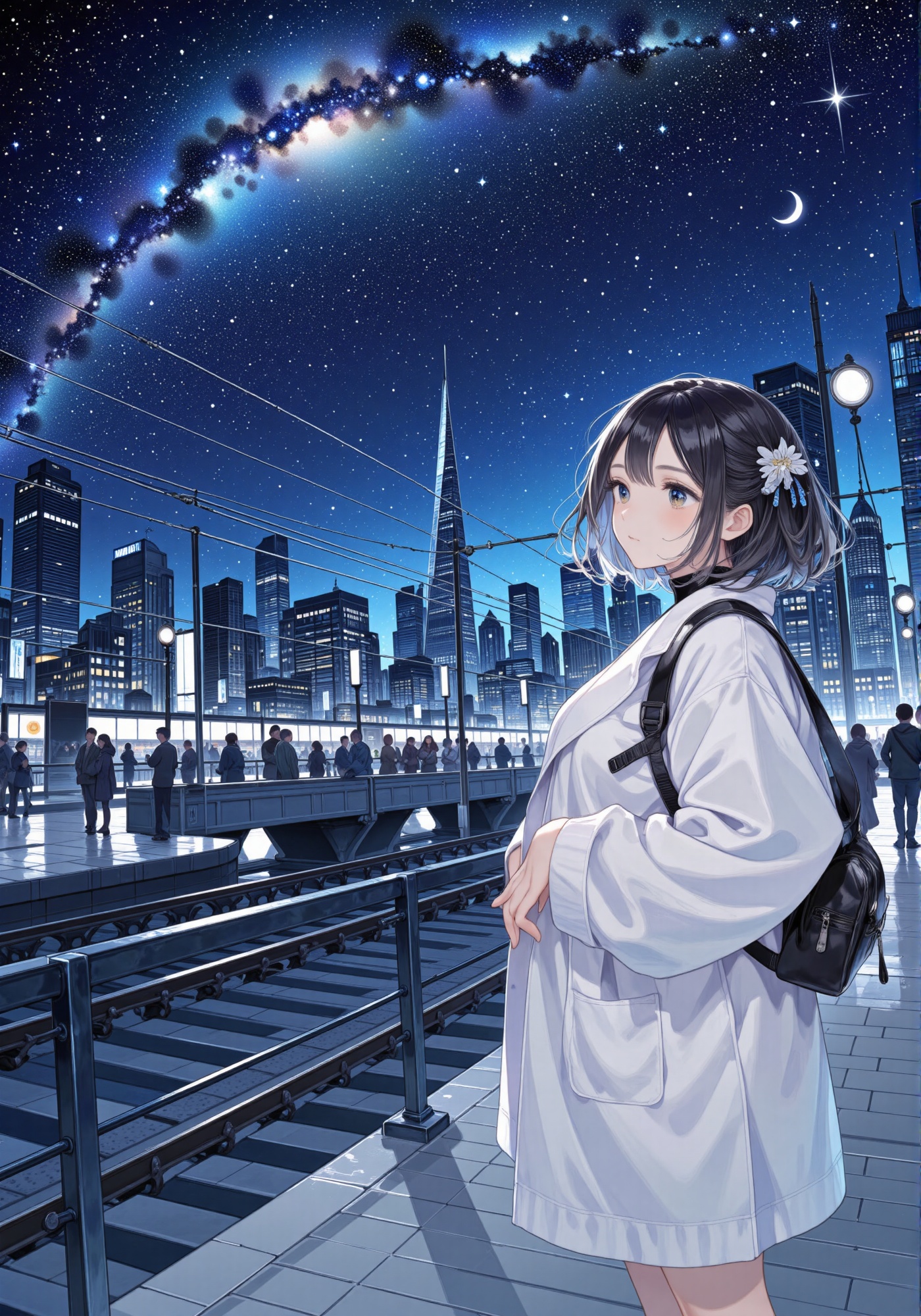 Please draw an illustration with the most detail possible. A girl waits for a train at night. Beautiful stars shine in the...