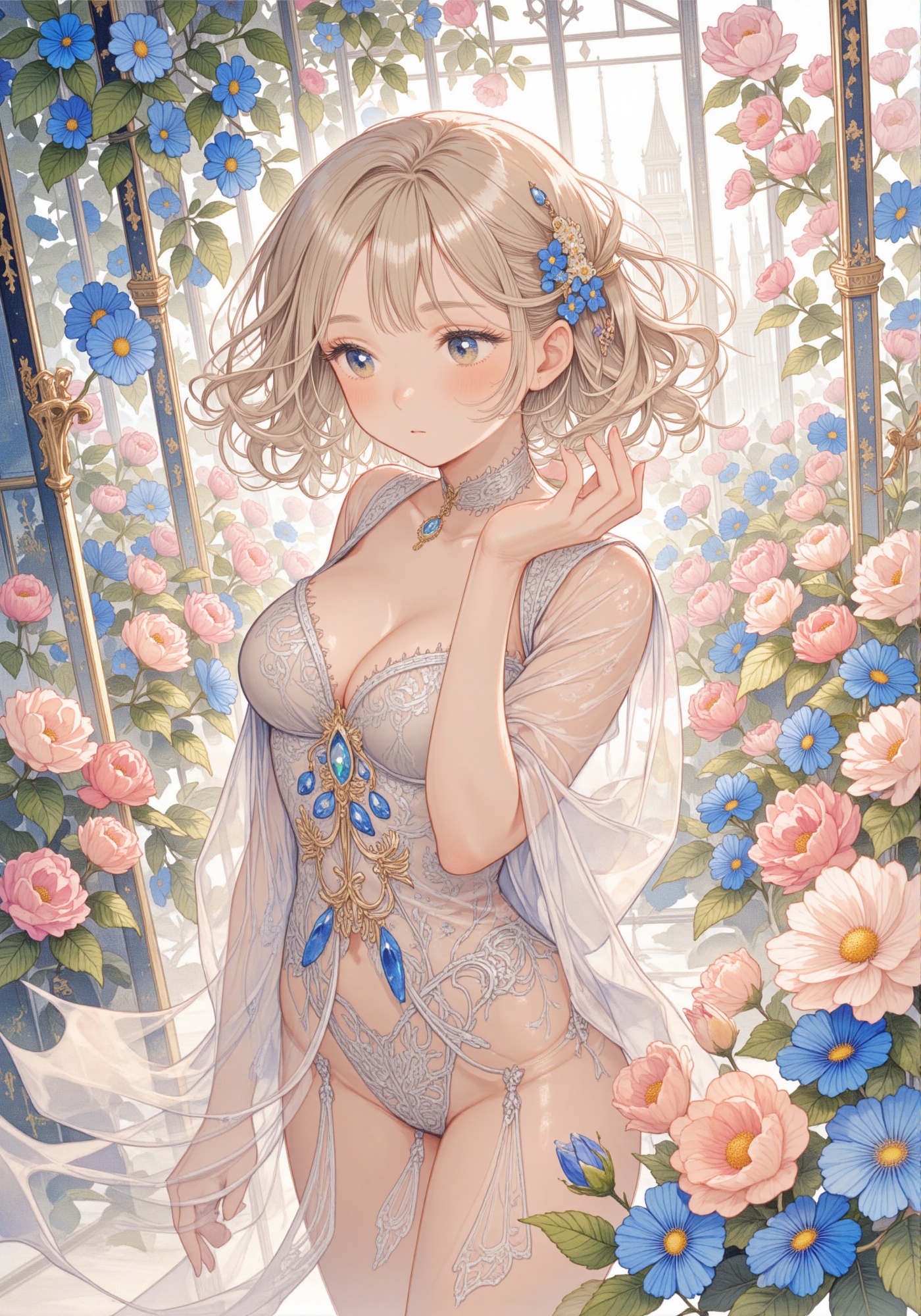 Please draw an illustration with the most detail possible. A girl dozing off in the sunshine. Surrounded by flowers in a b...