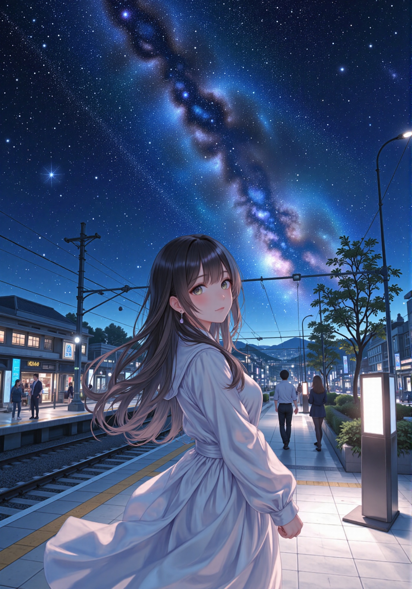 Please draw an illustration with the most detail possible. A girl waits for a train at night. Beautiful stars shine in the...