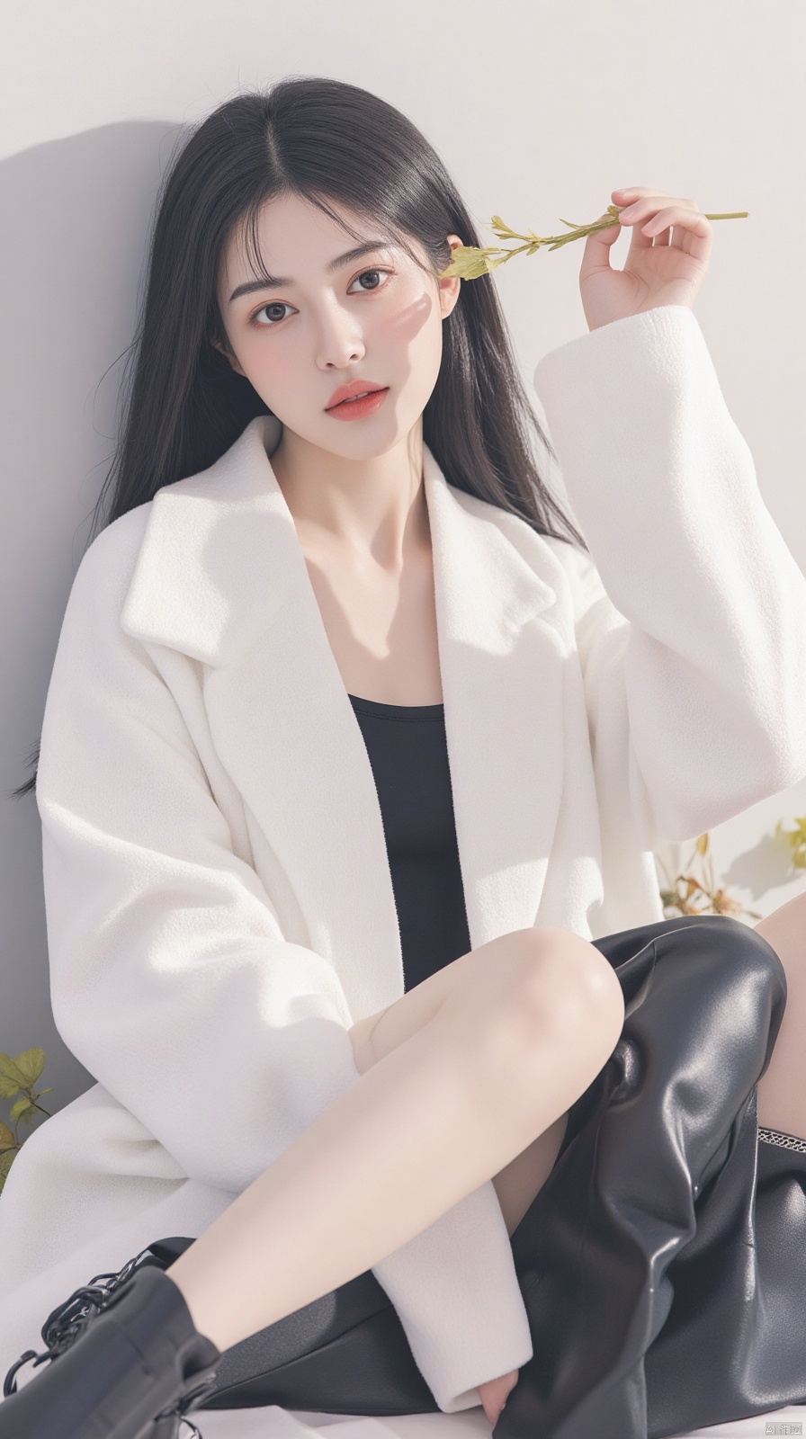 cheongsam,1girl, solo, long hair, looking at viewer, shirt, black hair, sitting, full body, black footwear, high heels, lips, coat, black shirt, leaf, crossed legs, realistic, white coat, autumn leaves
