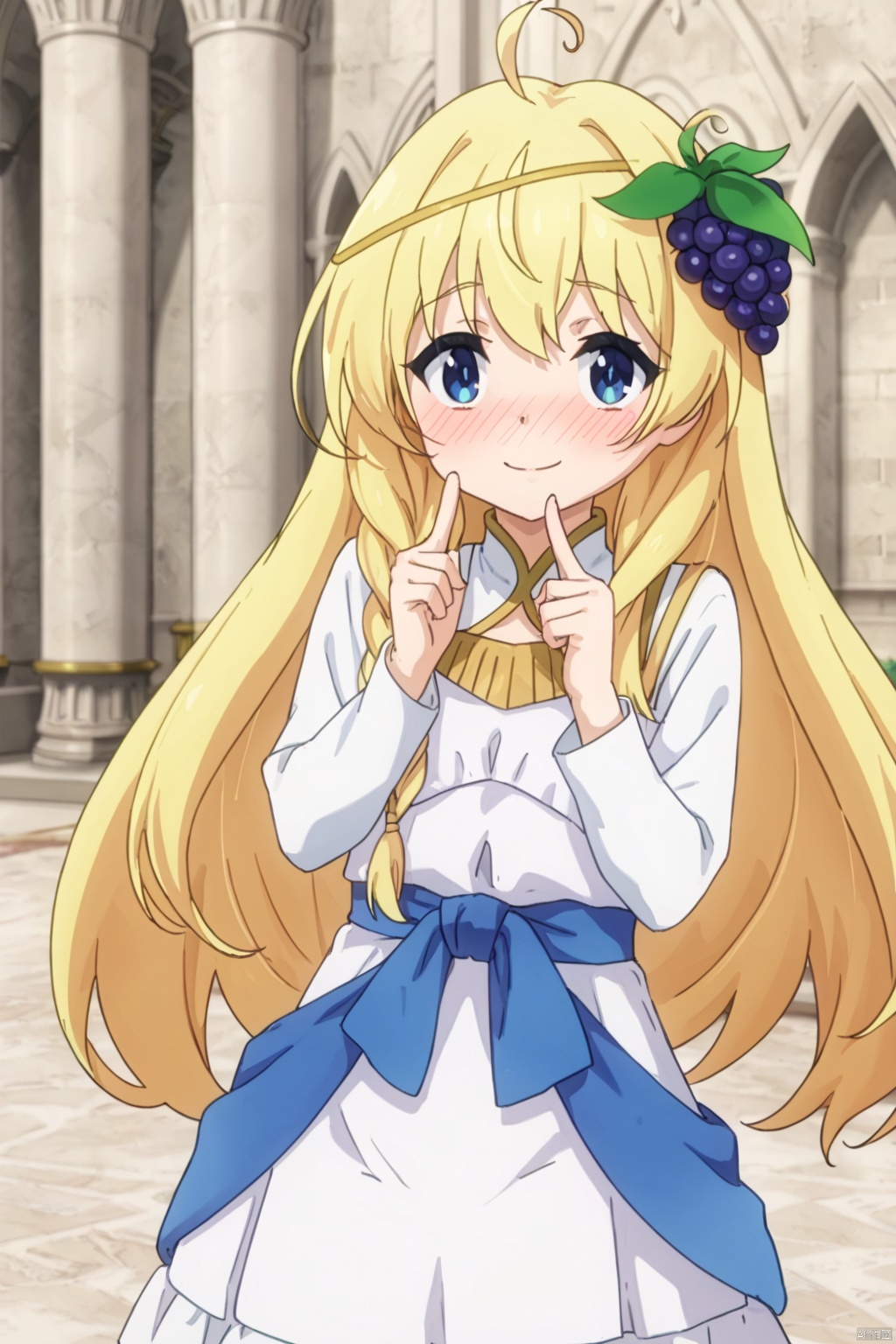 1girl,solo ,long hair,(ahoge:1.4),Long flowing hair, looking at viewer ,smile, blue eyes, blonde hair ,palace,hair ornament ,long sleeves, white dress,braid frills food , grapes,index finger raised,standing,(Blushing:1.3),(shy:1.3),