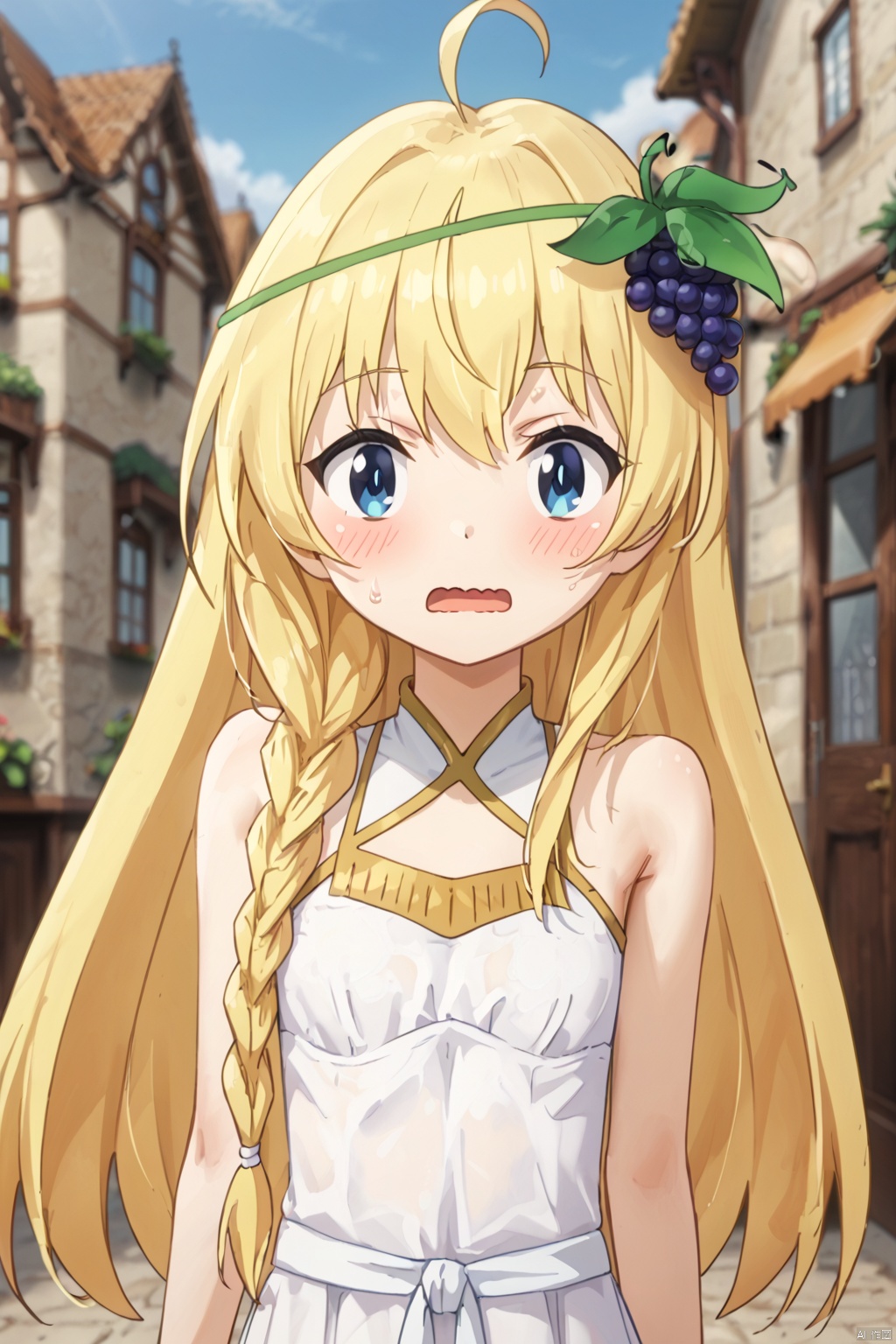 1girl ﻿ solo ﻿ long hair ﻿ looking at viewer ﻿ blush ﻿ open mouth ﻿ blue eyes ﻿ blonde hair ﻿ hair ornament ﻿ dress ﻿ upper body ﻿ braid ﻿ ahoge ﻿ food ﻿ white dress ﻿ single braid ﻿ fruit ﻿ wavy mouth ﻿ grapes,(slim:1.5),(skinny:1.2),village