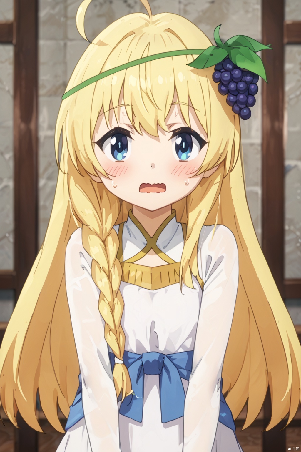 1girl ﻿ solo ﻿ long hair ﻿ looking at viewer ﻿ blush ﻿ open mouth ﻿ blue eyes ﻿ blonde hair ﻿ hair ornament ﻿ dress ﻿ upper body ﻿ braid ﻿ ahoge ﻿ food ﻿ white dress ﻿ single braid ﻿ fruit ﻿ wavy mouth ﻿ grapes