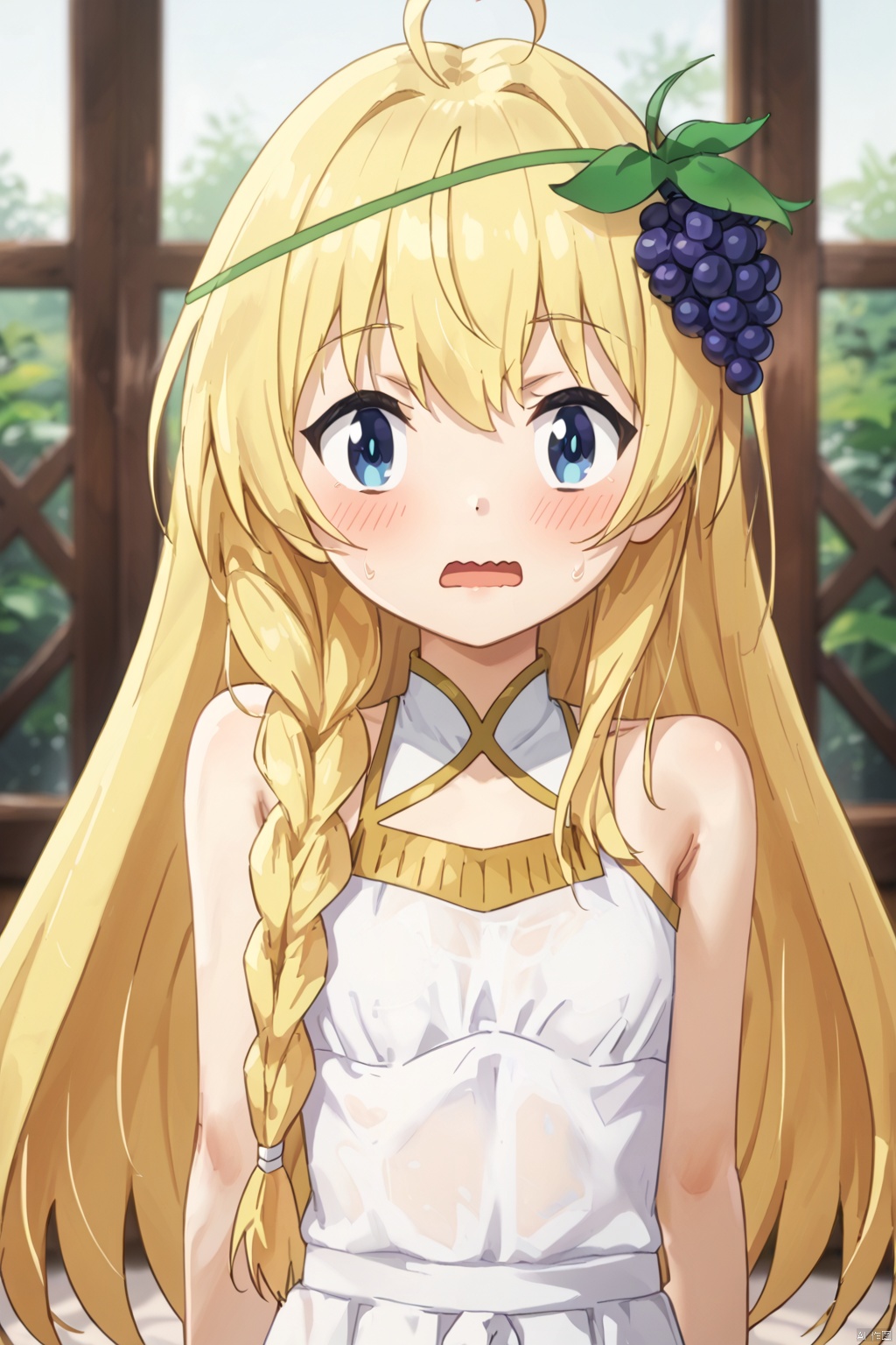 1girl ﻿ solo ﻿ long hair ﻿ looking at viewer ﻿ blush ﻿ open mouth ﻿ blue eyes ﻿ blonde hair ﻿ hair ornament ﻿ dress ﻿ upper body ﻿ braid ﻿ ahoge ﻿ food ﻿ white dress ﻿ single braid ﻿ fruit ﻿ wavy mouth ﻿ grapes,(slim:1.5),(skinny:1.2)
