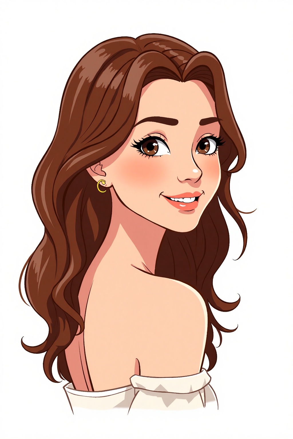 a simple cartoon with An over-the-shoulder shot of a beautiful woman with brown hair,  looking back with a gentle smile,...