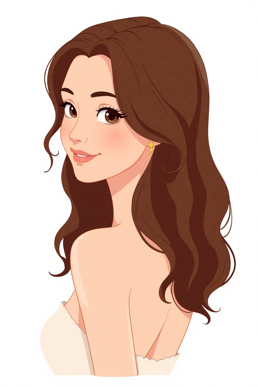 a simple cartoon with An over-the-shoulder shot of a beautiful woman with brown hair,  looking back with a gentle smile,...