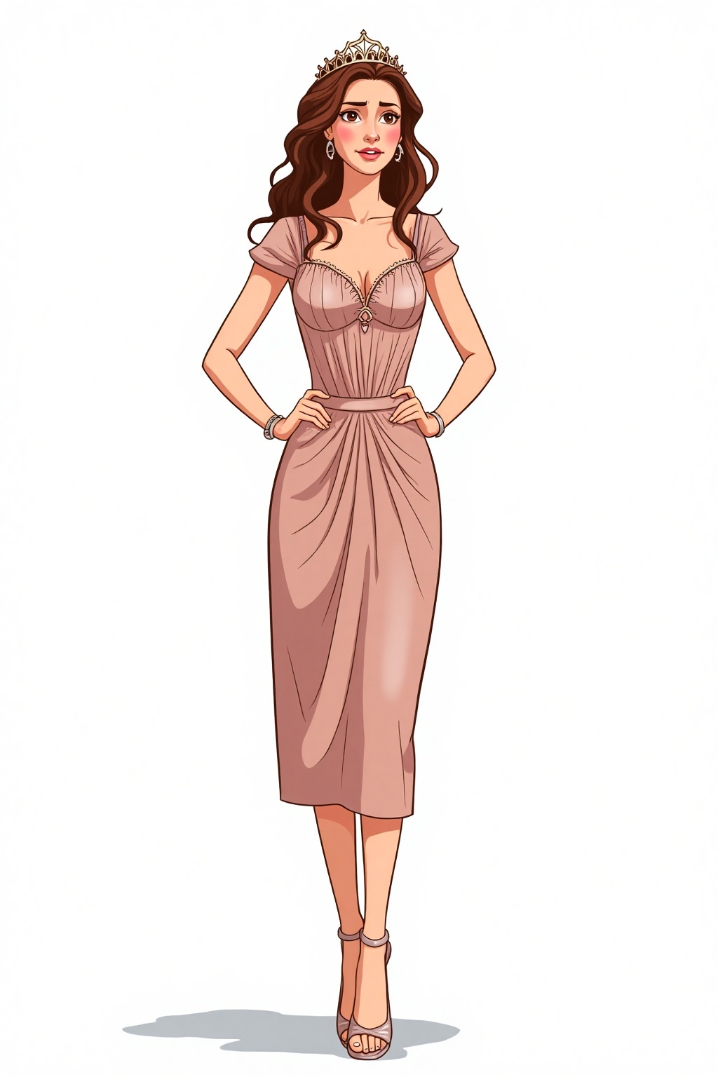 simple cartoon,  A low-angle shot of a beautiful woman with brown hair,  standing tall and regal on Tensor.Art