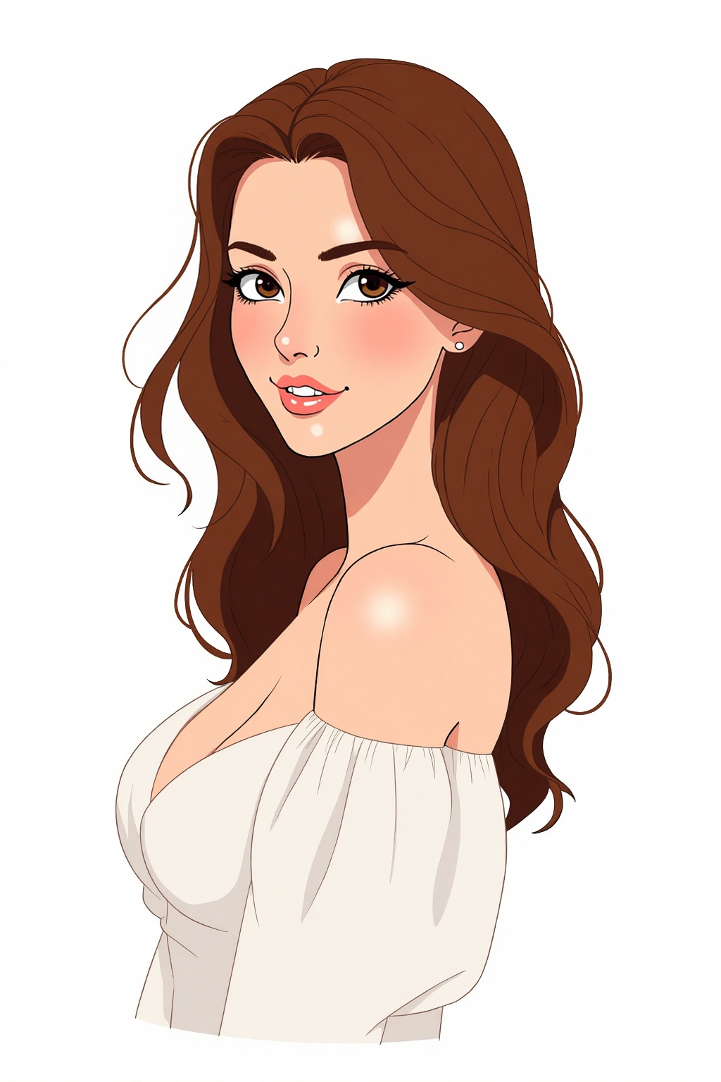 a simple cartoon of a beautiful woman with brown hair,  white background,  princesscore on Tensor.Art
