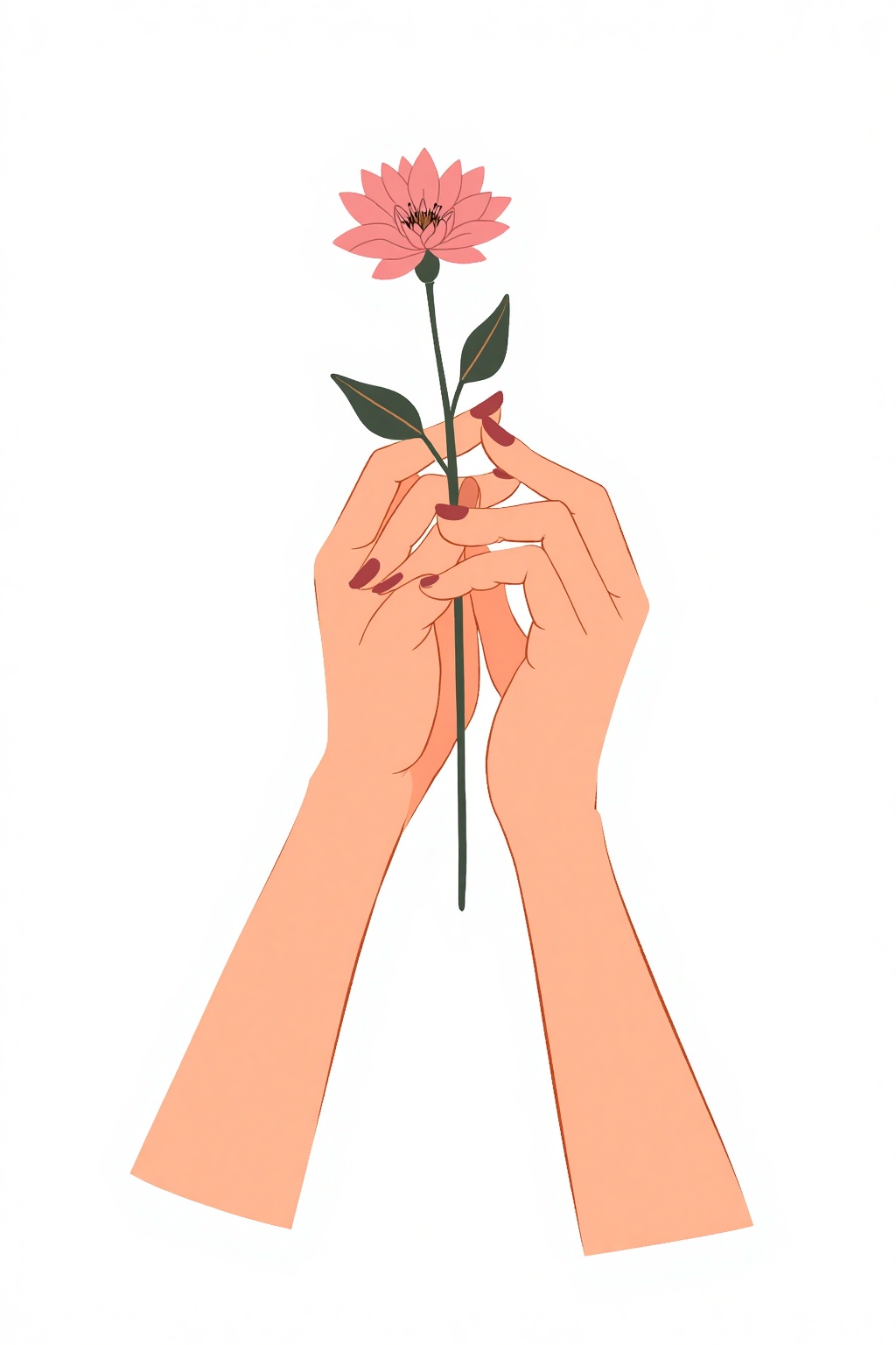 a simple cartoon with A close-up of a beautiful woman's hands,  delicately holding a flower,  white background on Tensor.Art