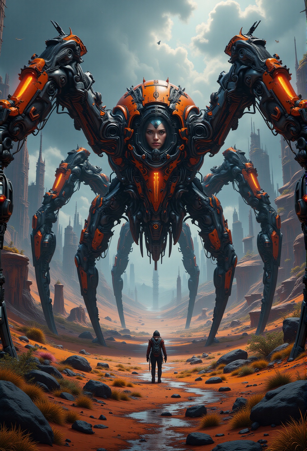 Close-up of a hyper-realistic armoured warrior pilot's face,  gazing intensely through the canopy of his massive,  futuris...