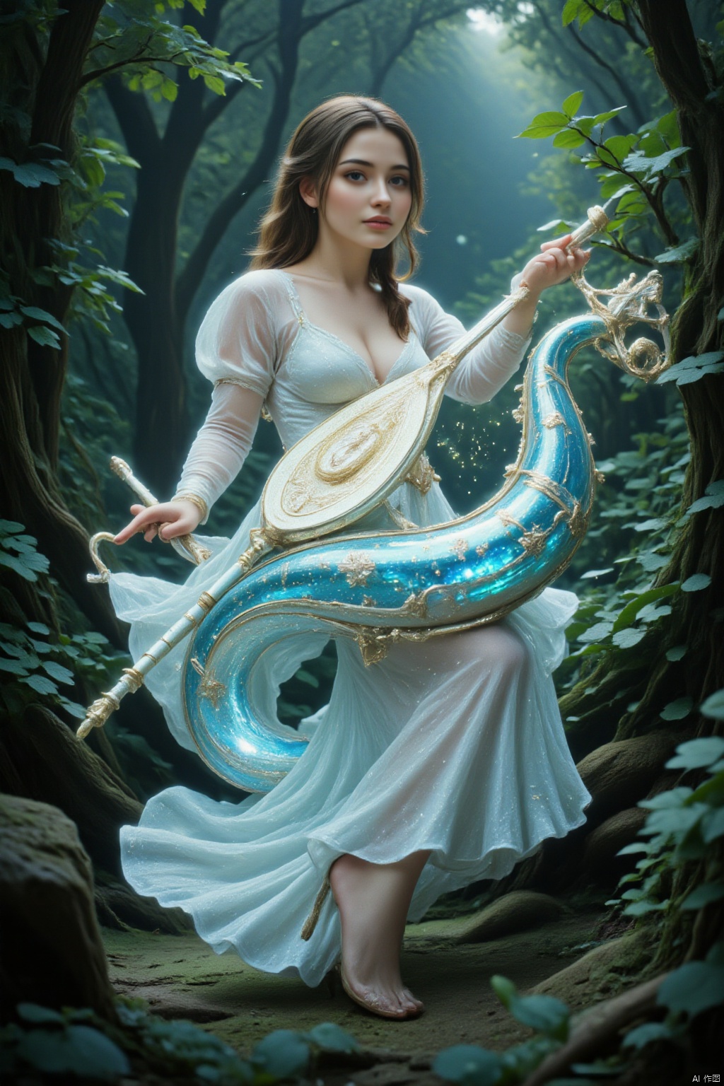 A magical anime musician playing a glowing,  crystalline harp. Her semi-transparent gown flows like water,  and each note...