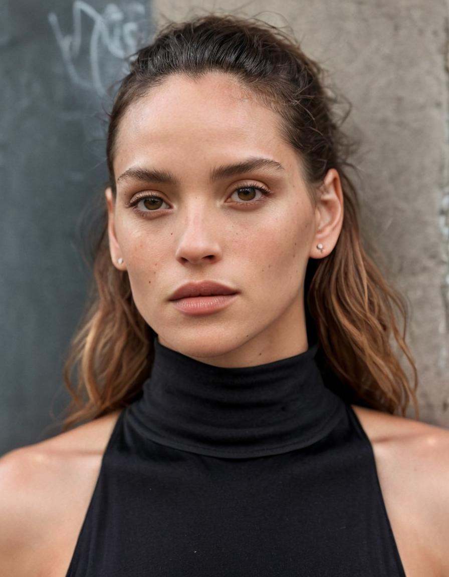 Realistic close-up outdoor editorial portrait of a celebrity,  focusing on their face and shoulders. The setting is urban...