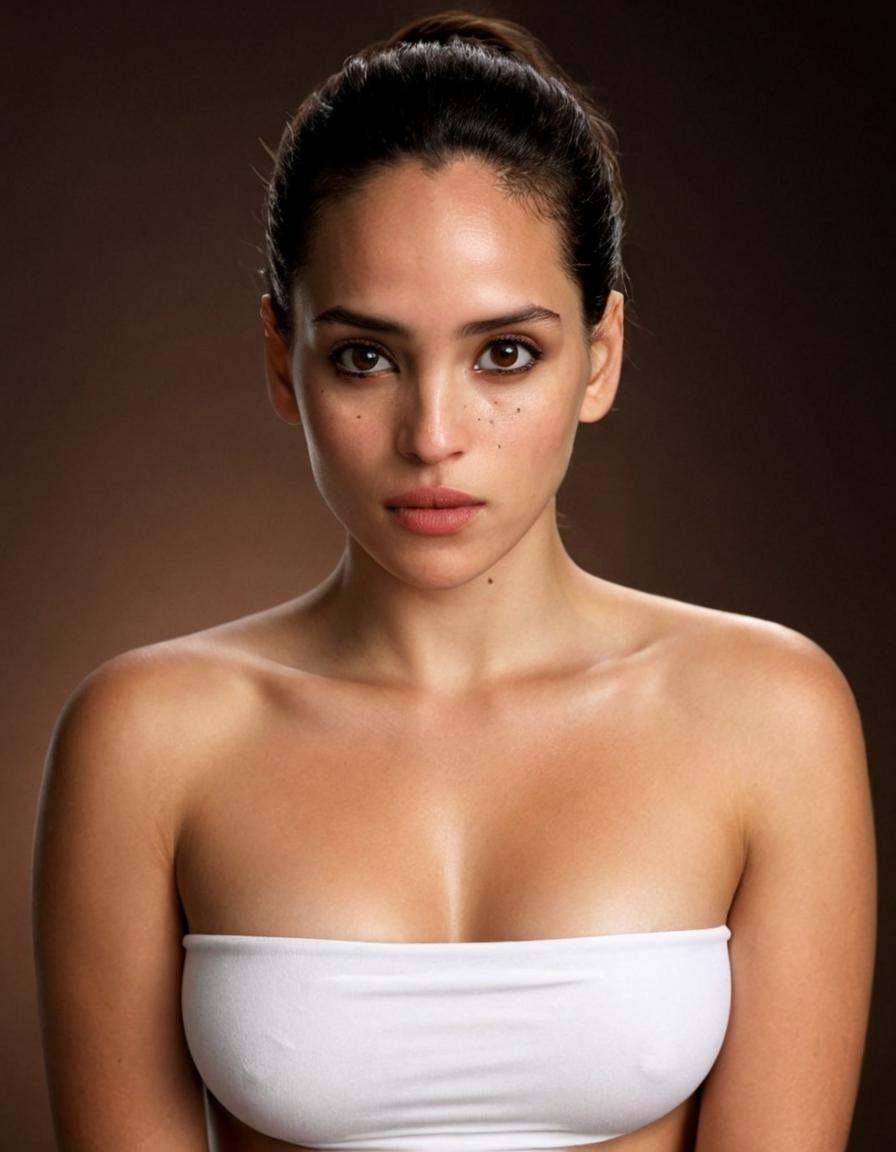 Create a hyperrealistic,  editorial portrait of a woman,  tightly framed on her face. Her expression is peaceful and calm....